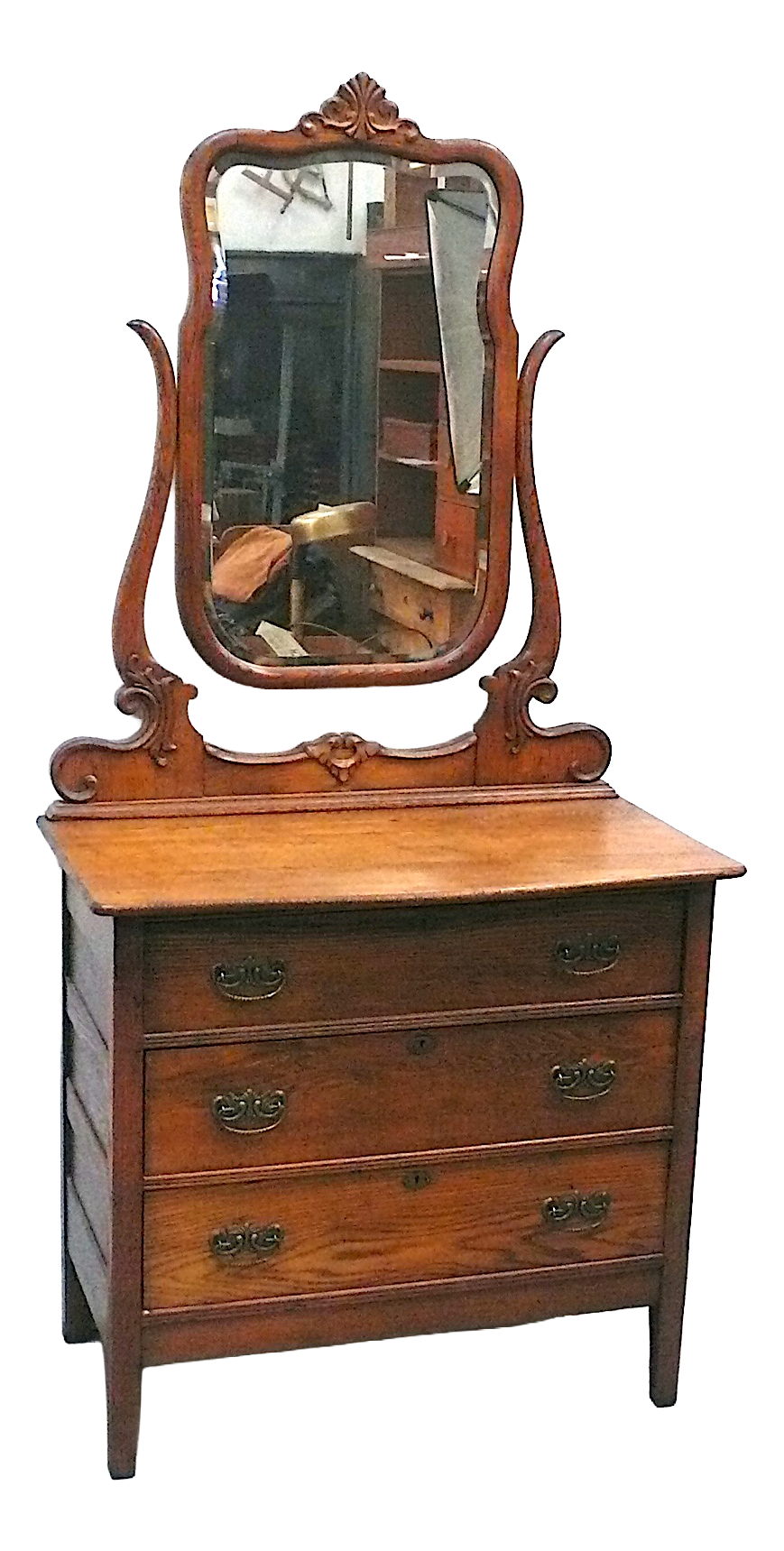 Antique Serpentine Tiger Oak Dresser with Mirror, 1890s