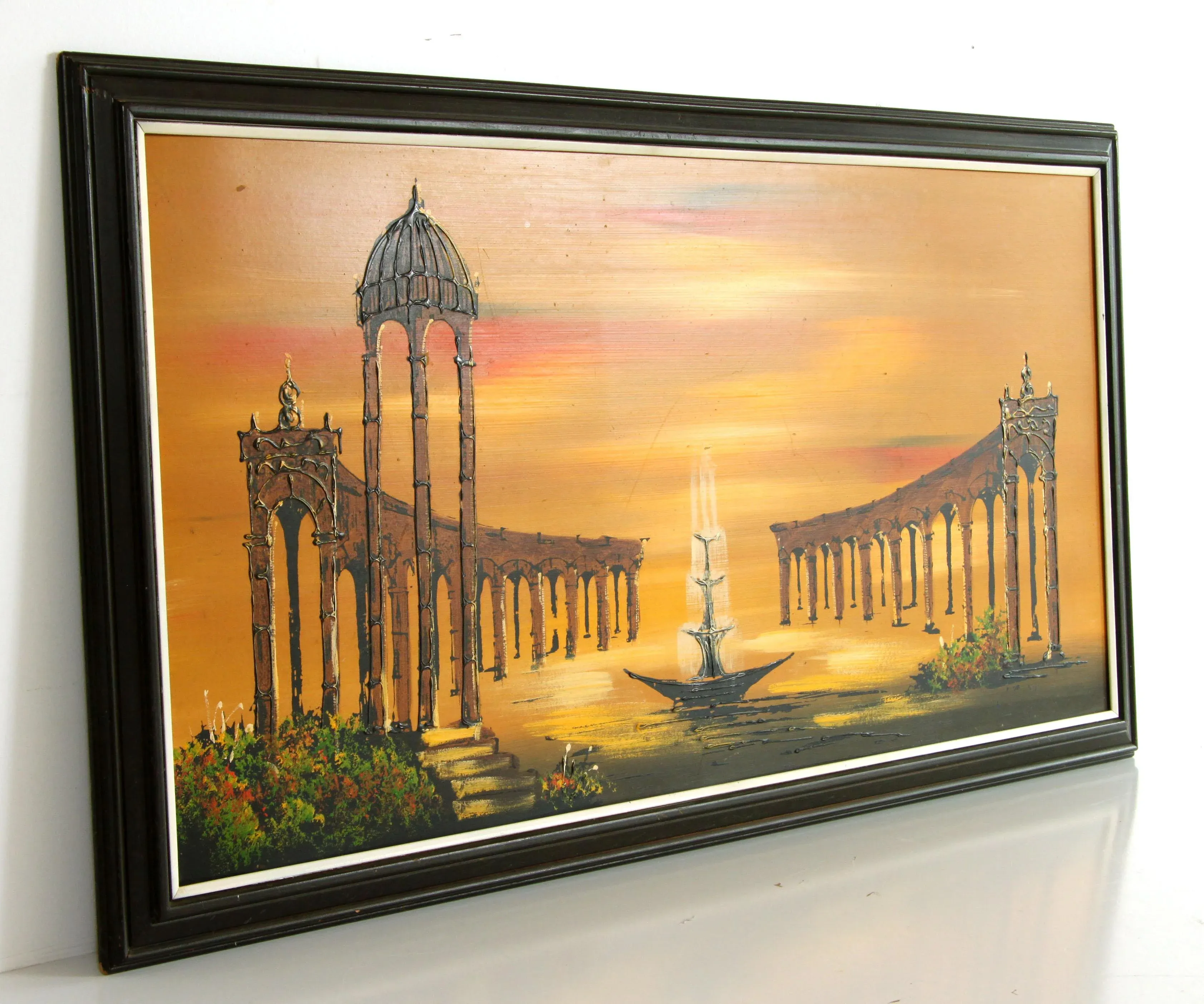 Vintage Mid Century Surrealist Parthenon & Fountain Acrylic