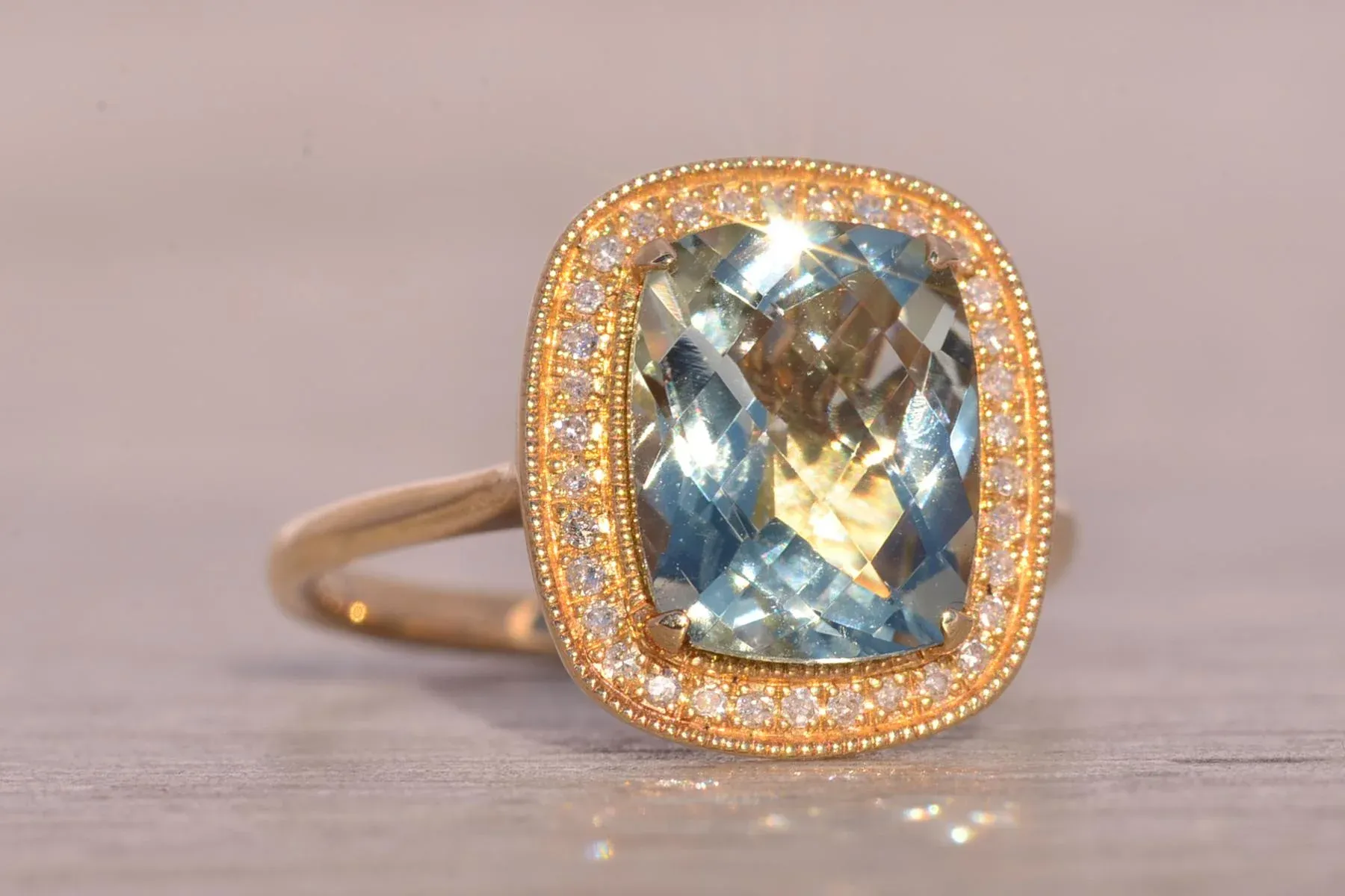 Praisiolite and Natural Diamond Halo Ring in Yellow Gold main image 1