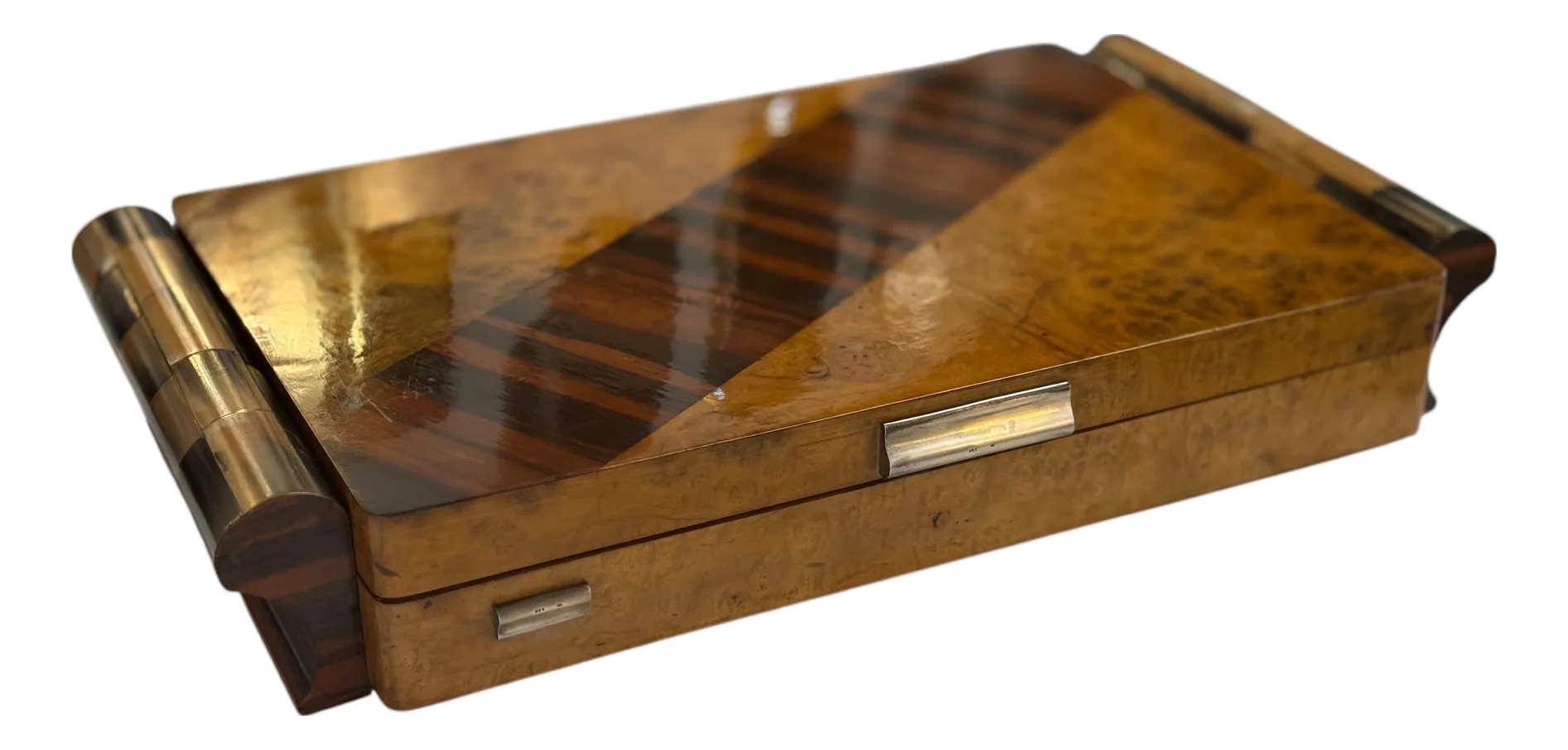 Italian Art Deco Burl Wood and Macassar Ebony Box With Brass Details, 1940s