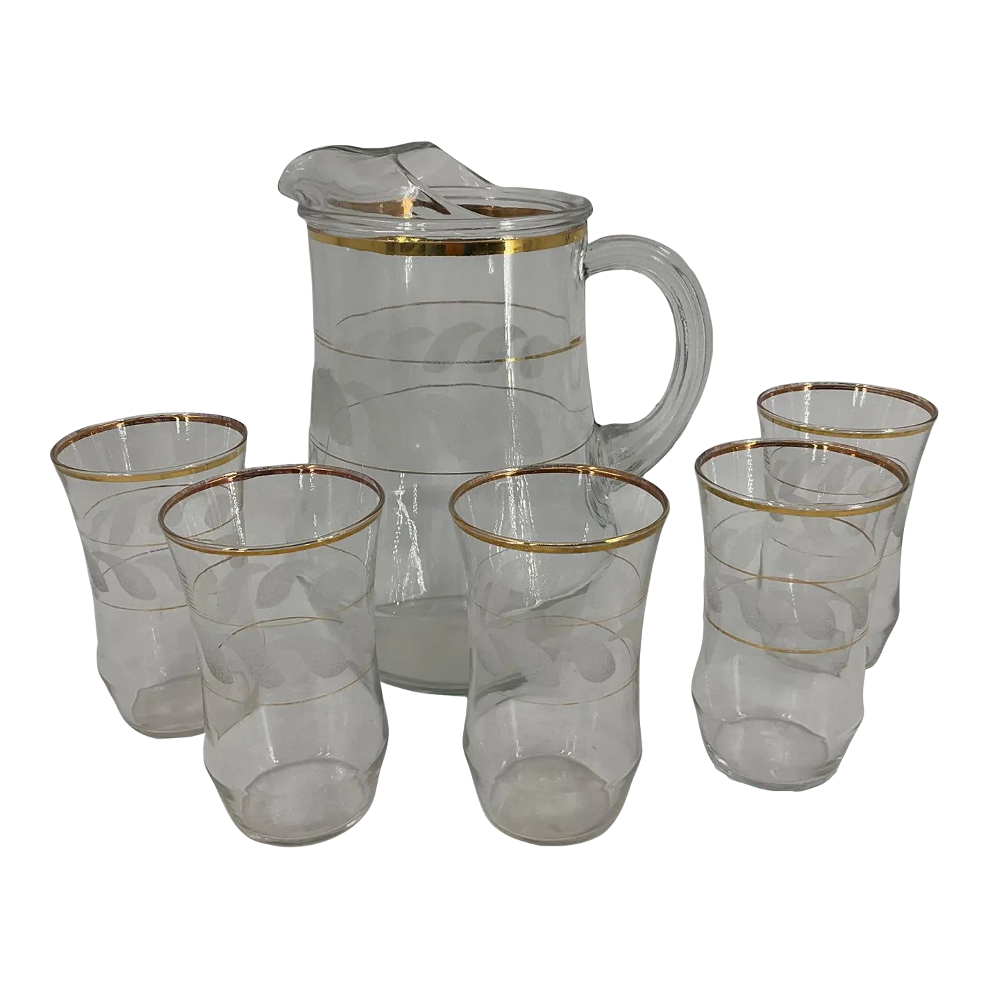 MidCentury Libbey Glass Co. Pitcher and 5 Glass Set with Gold Trim Frosted Wave Design Chairish