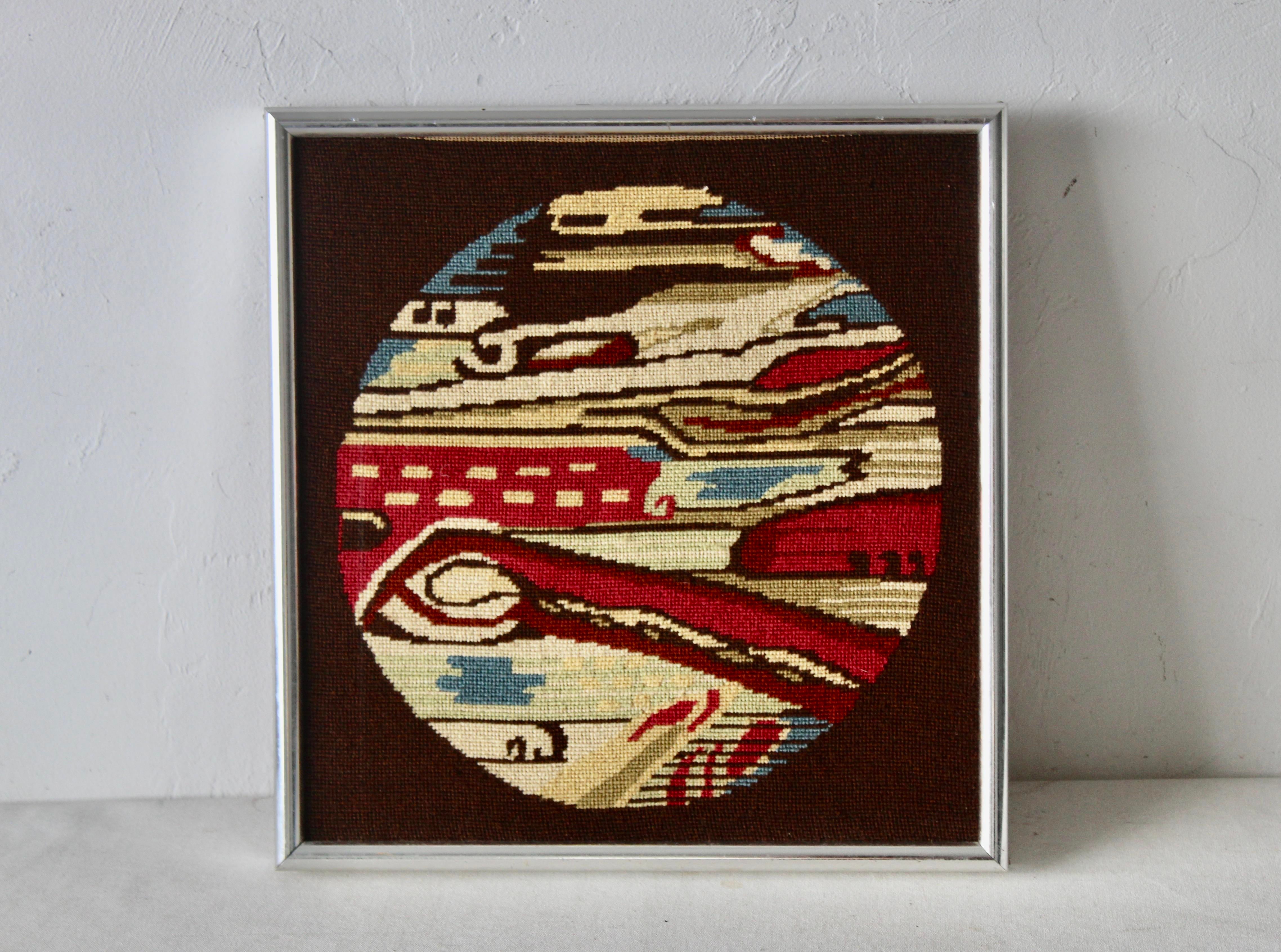 Vintage 1970s Abstract Vibrant Needlepoint Wall Art Metal Chrome