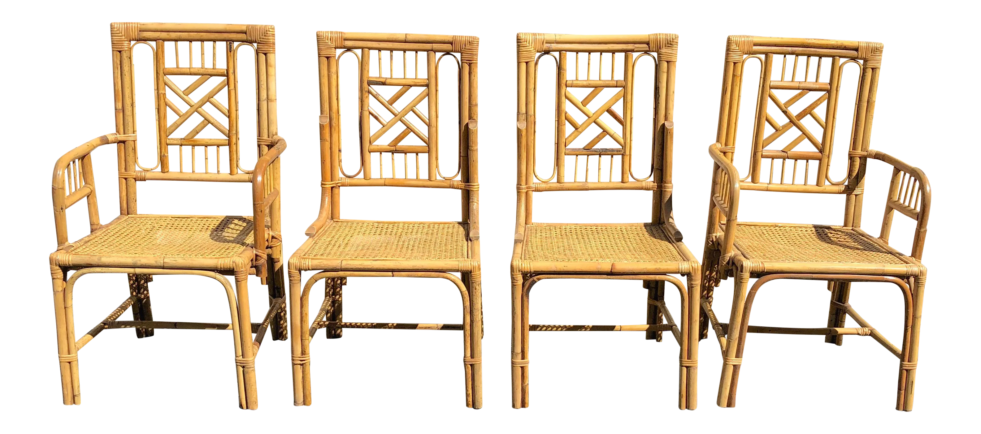 Vintage Boho Chic Organic Chippendale Style Bamboo & Cane Fretwork Dining Chairs - Set of 4