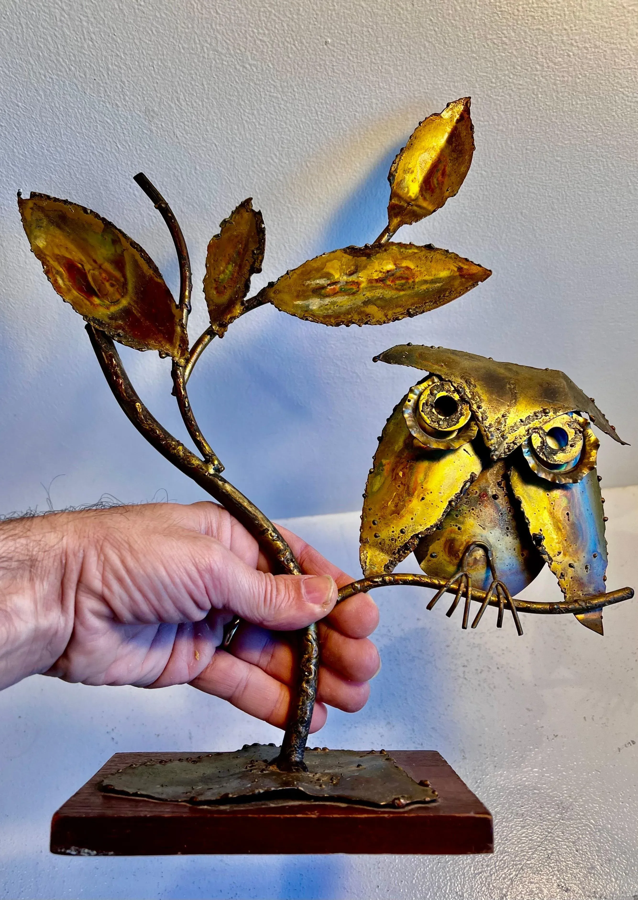 Brutalist Owl in Tree Sculpture on Wood Base