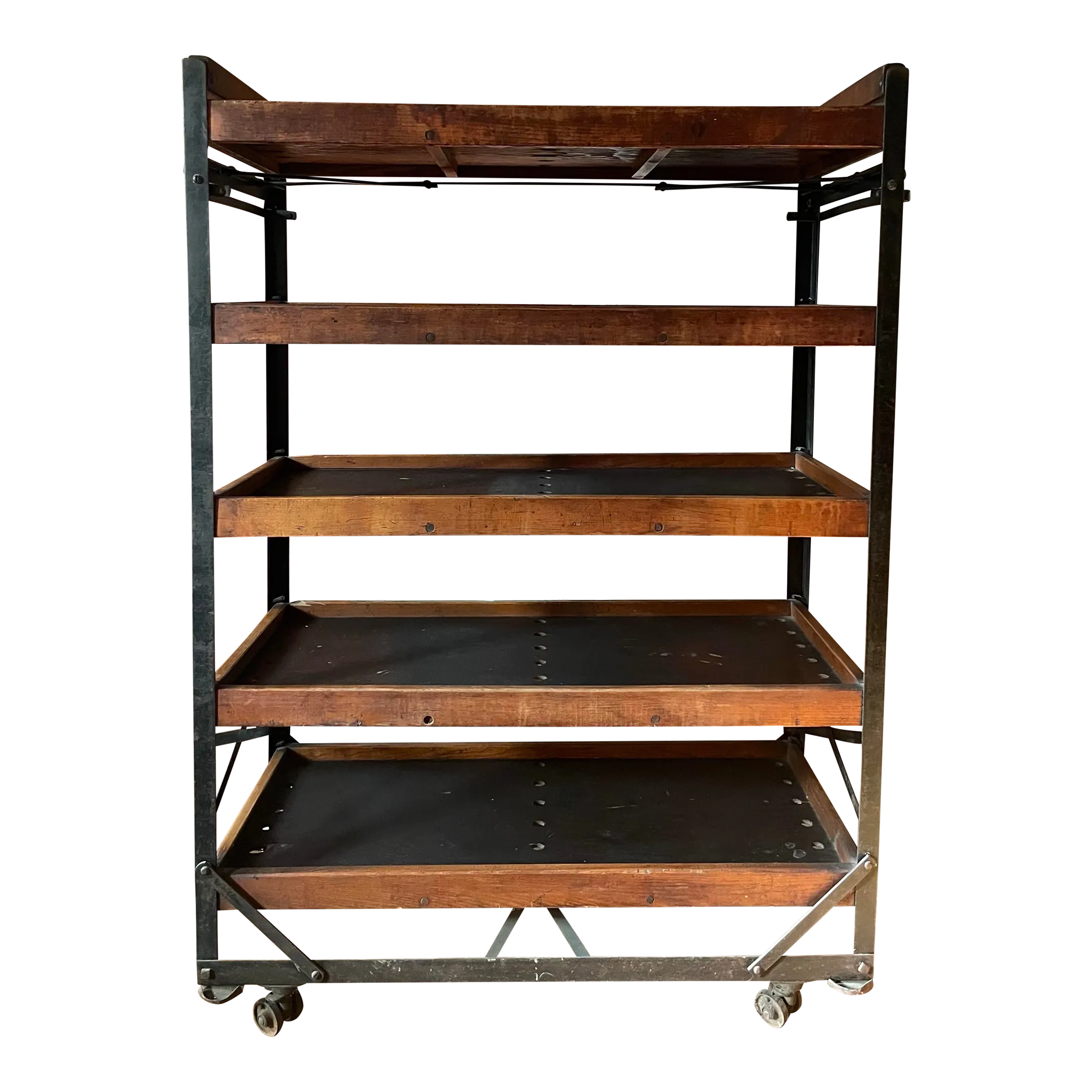 Antique Industrial Neverax Wood and Iron Rolling Open Shelving