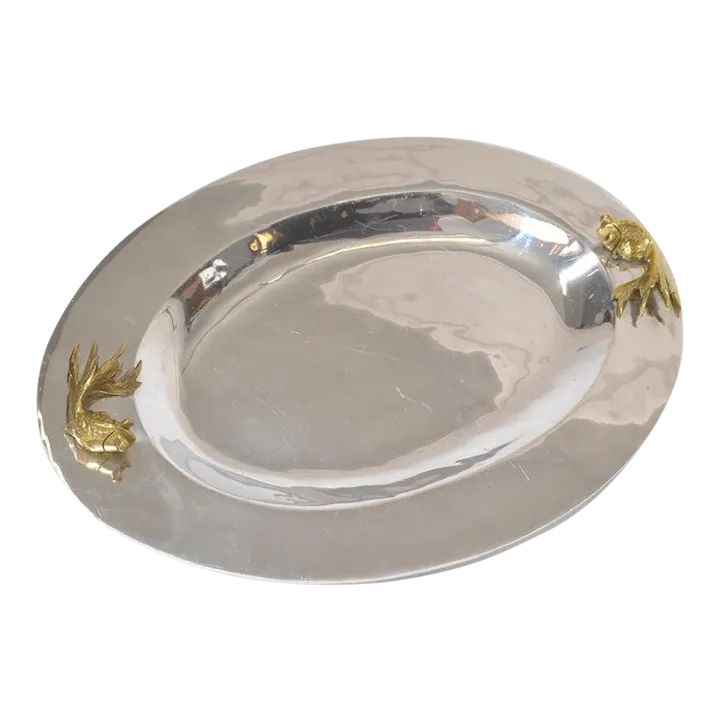 Oval Serving Tray Platter Bronze Fish Handles and Chrome Finish Art Deco Style