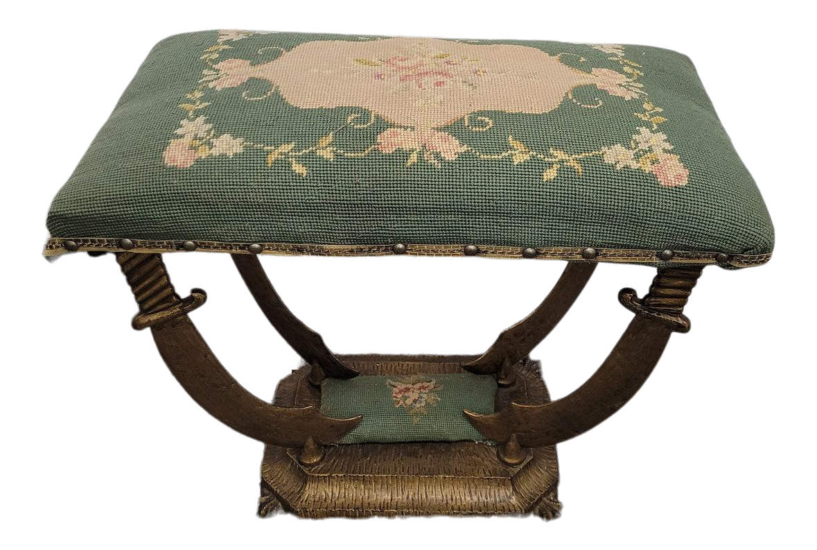 Antique Art Deco Oscar Bach Style Gold Hammered Iron & Needlepoint