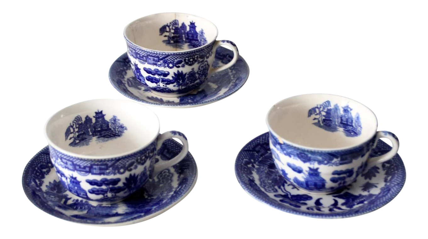 Vintage Japanese Blue Willow Tea Cups and Saucers Service for 3
