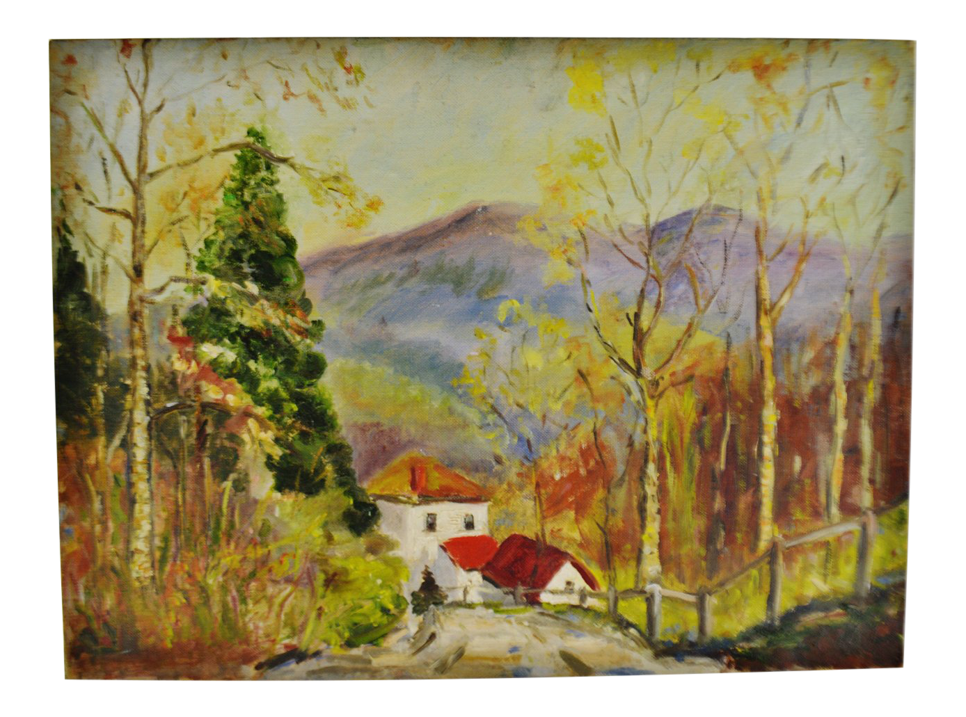 Vintage Oil on Canvas Board Mountain Landscape Scene Chairish