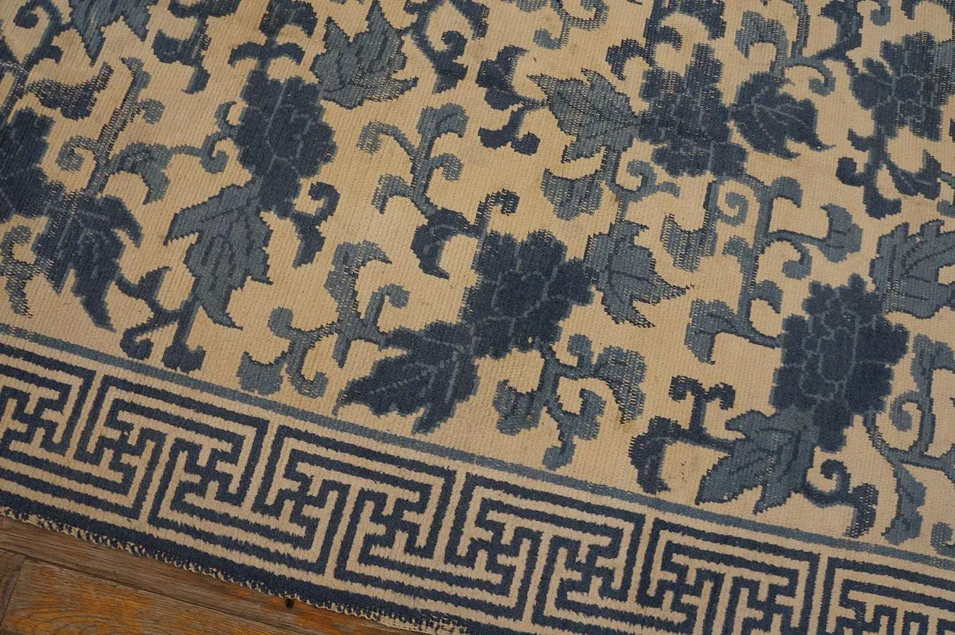 Lovely Tan Beige and Blue Cerulean Color With Florid Design Antique Japanese Rug