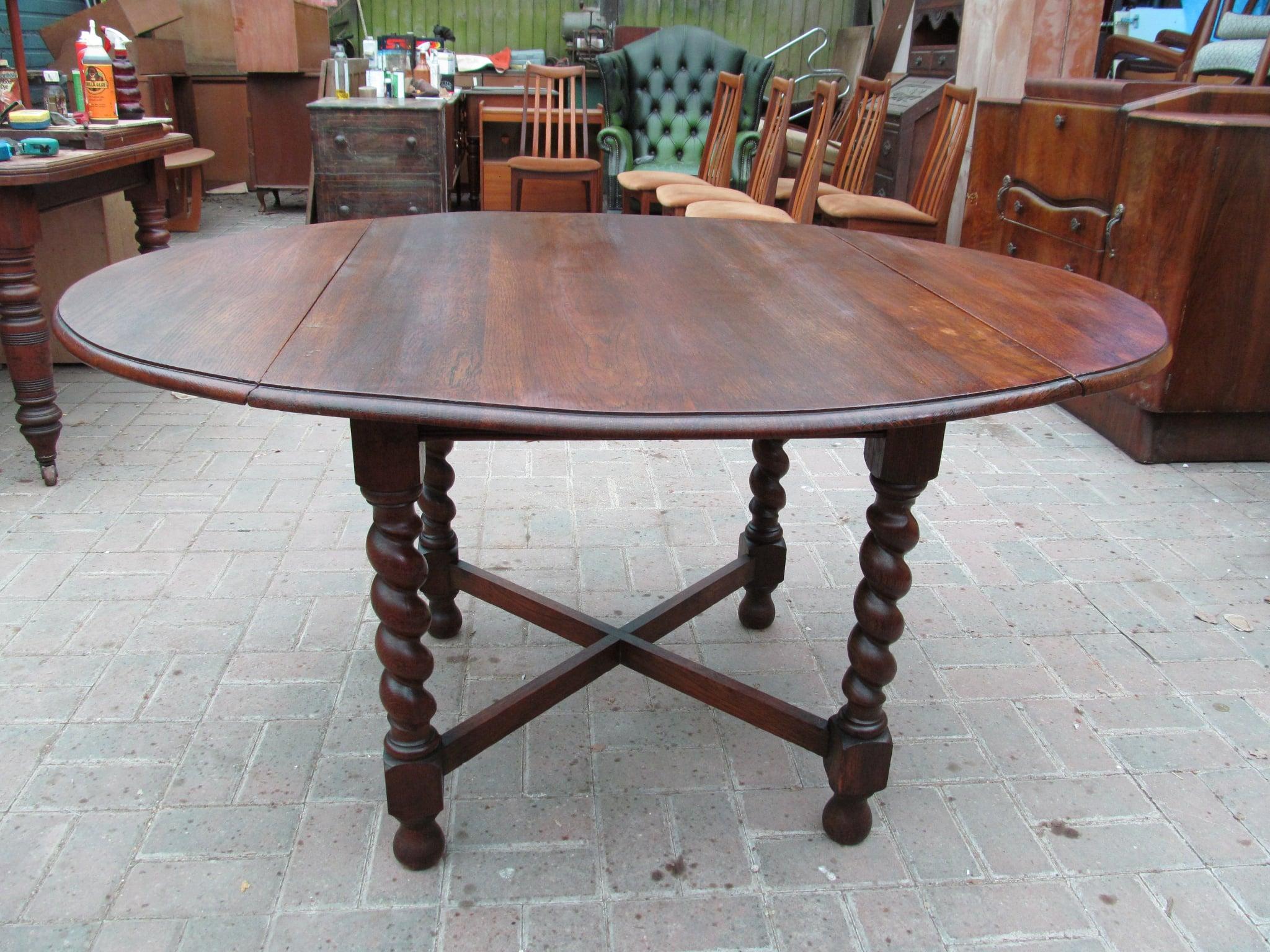 Antique 1920s English Oak Barley Twist Drop-Leaf Dining Table