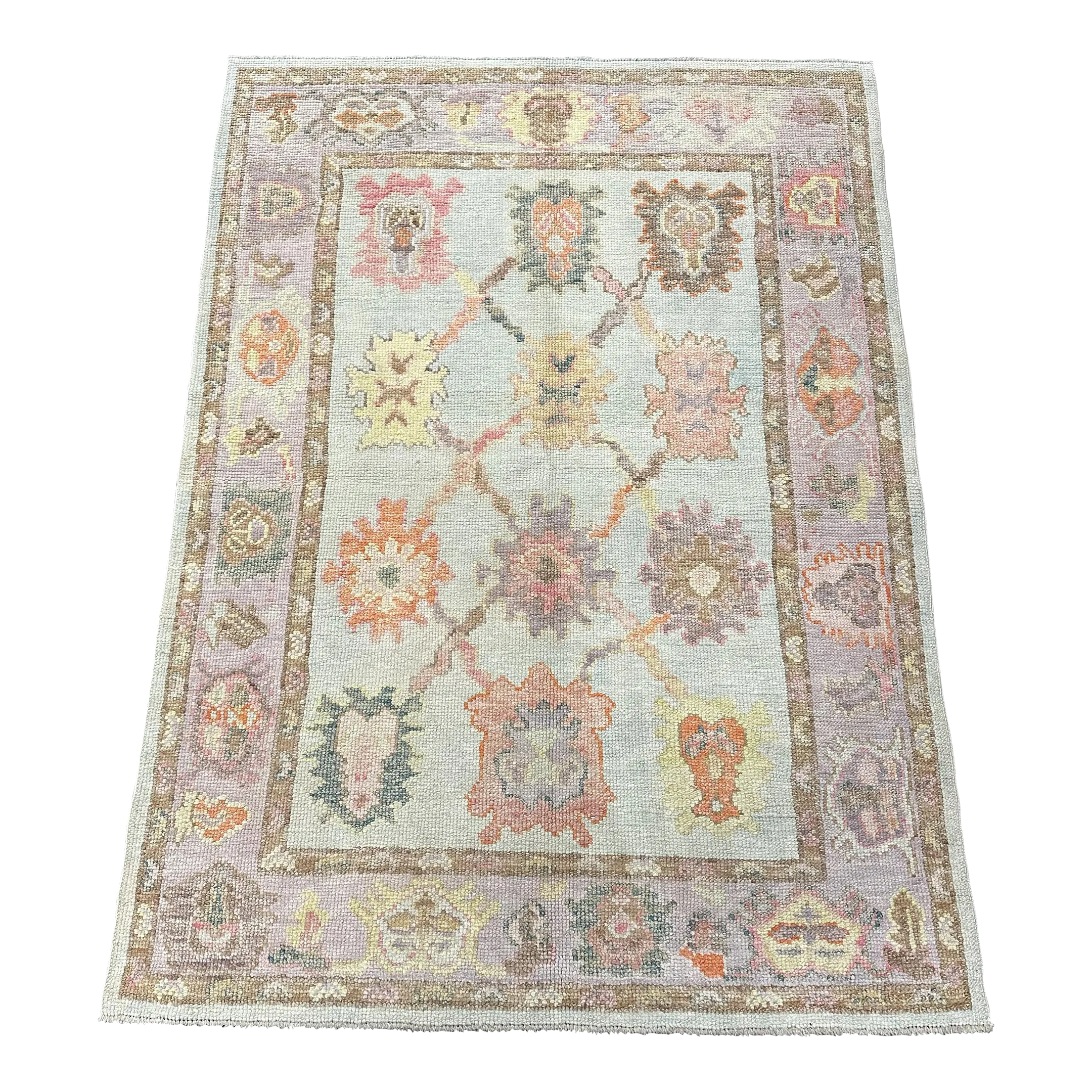 Pink & Blue Handwoven Turkish Oushak Rug 3'11