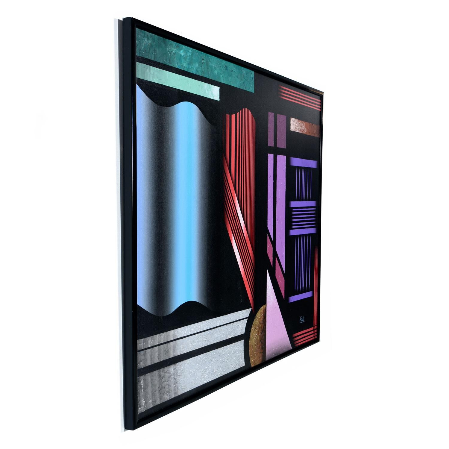 1980s Large Black and Jewel-Tone Art Deco Geometric Memphis