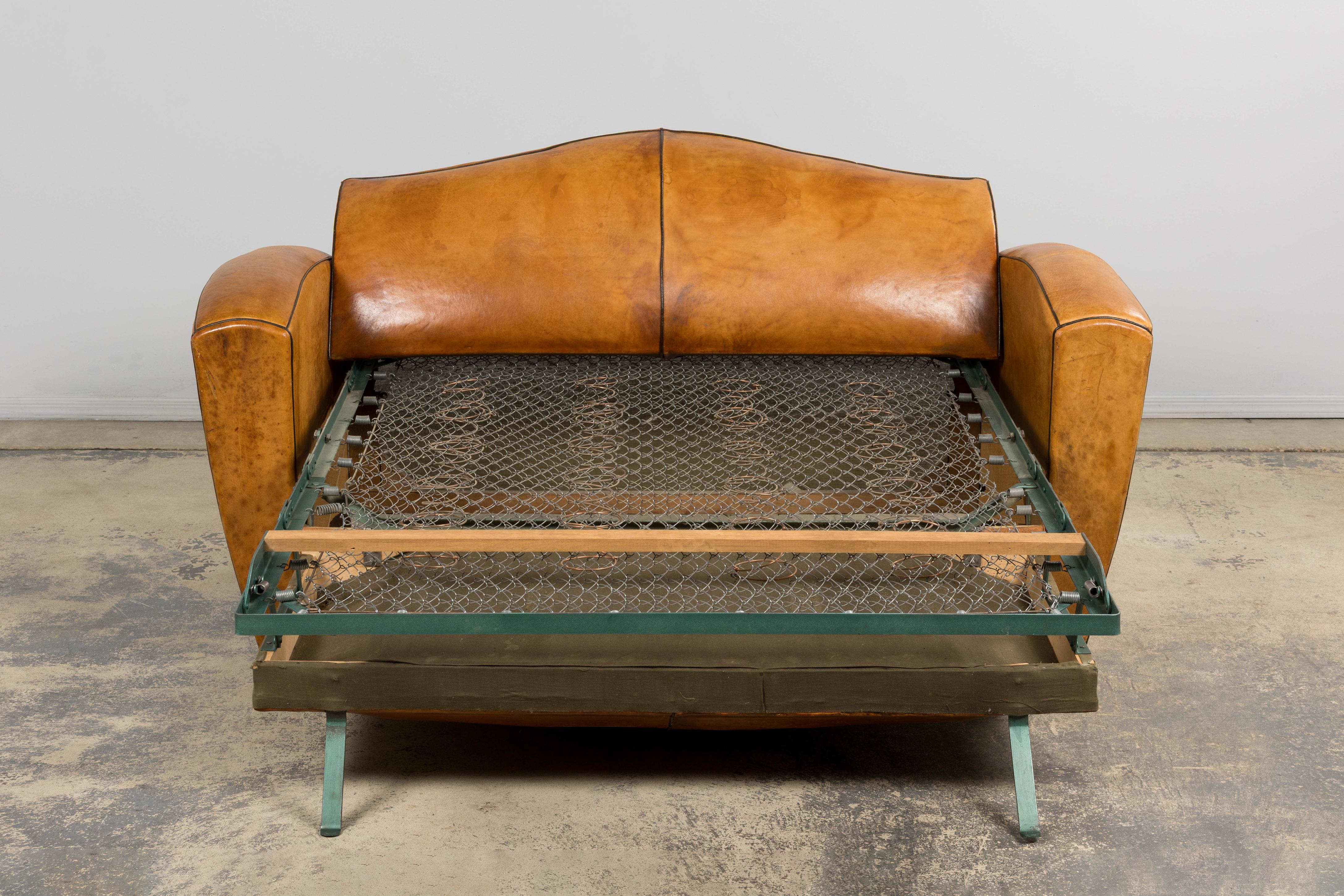 1920s French Art Deco Cognac Leather Club Sofa | Chairish