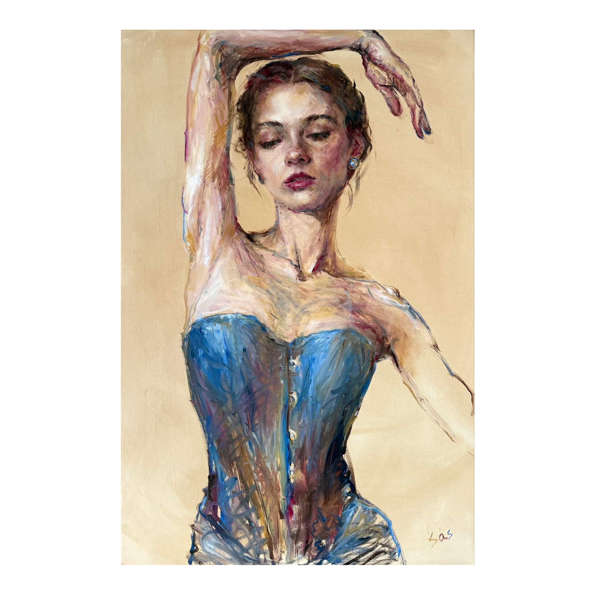 Artist Liubou Sas “Between Breaths” Modern Original PaintingVintage Distressed Oushak Carpet - 8\'8\