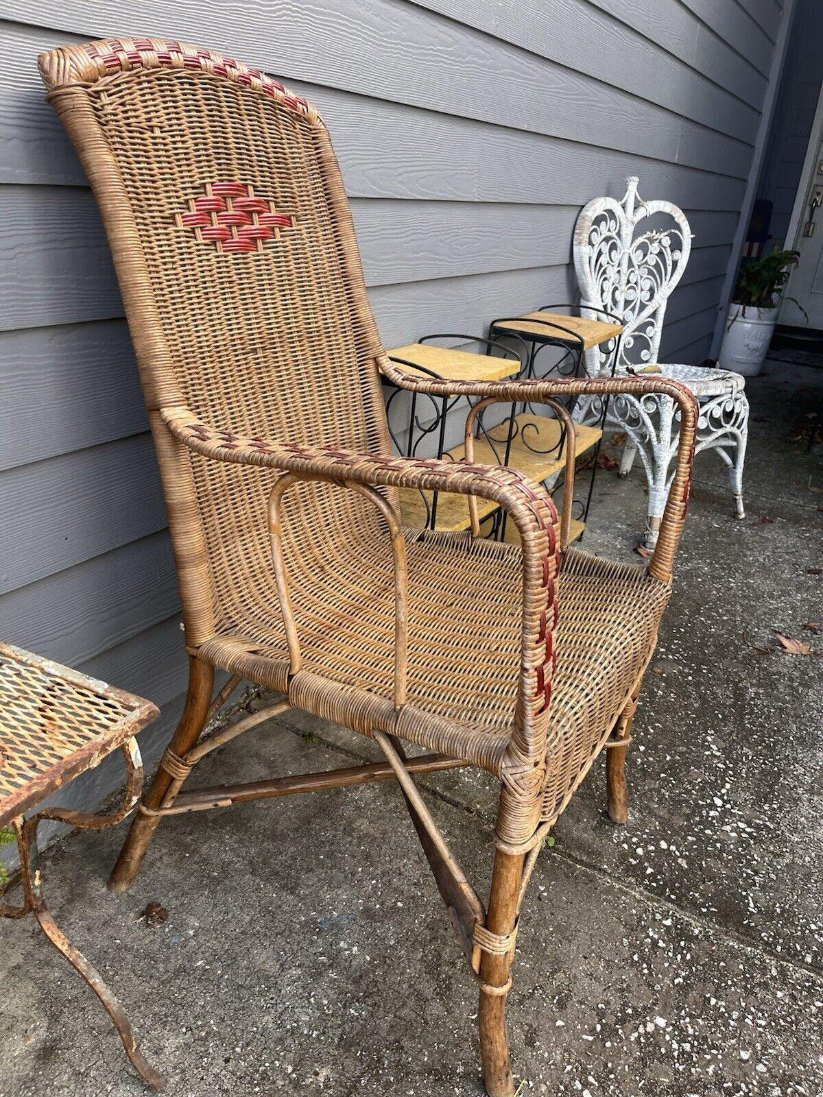 1920s Vintage High Back Armchair Bamboo Wicker Rattan Red Accents