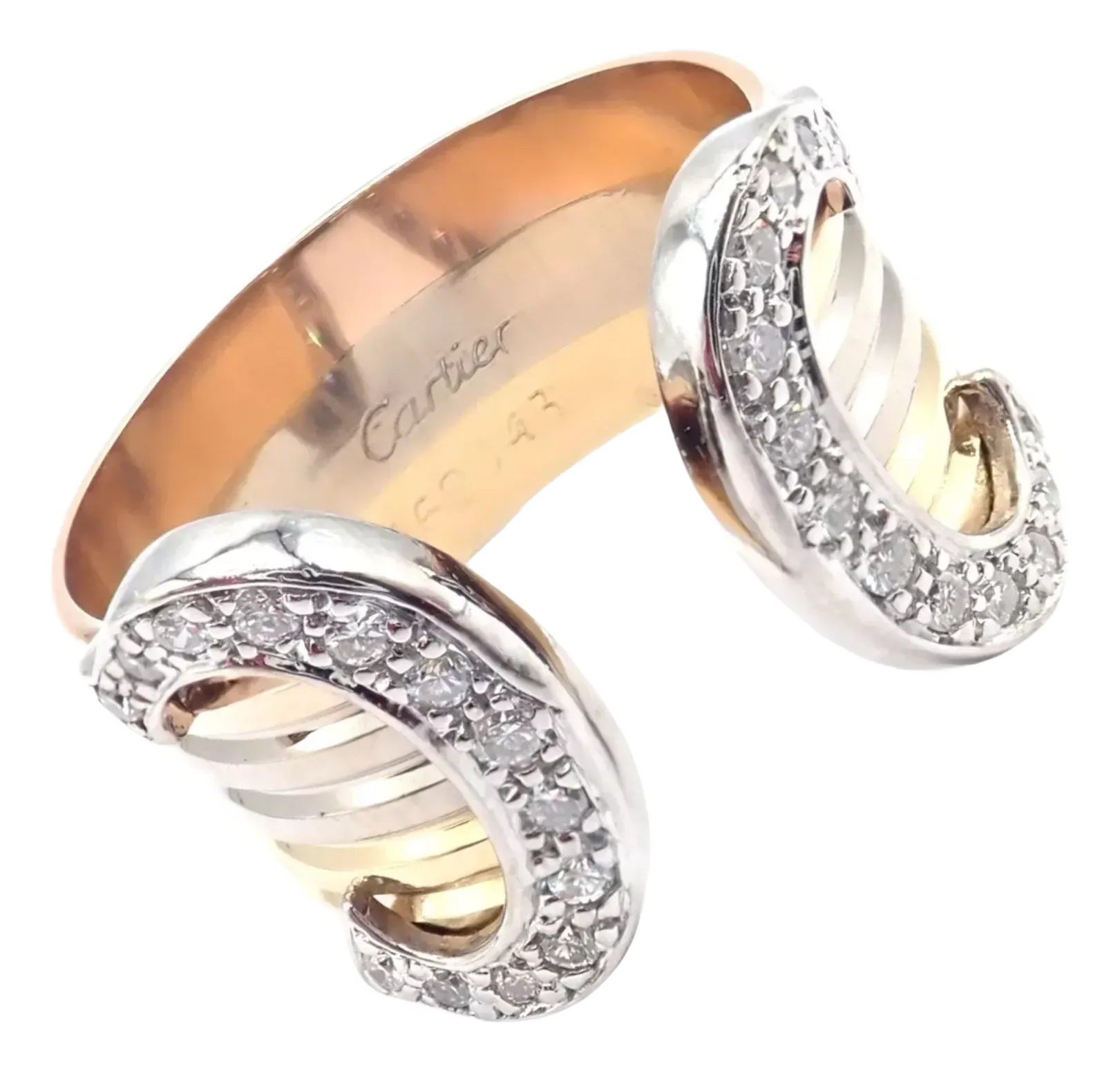 Mid 20th Century Cartier Diamond Double C Tri-Color Gold Band Ring