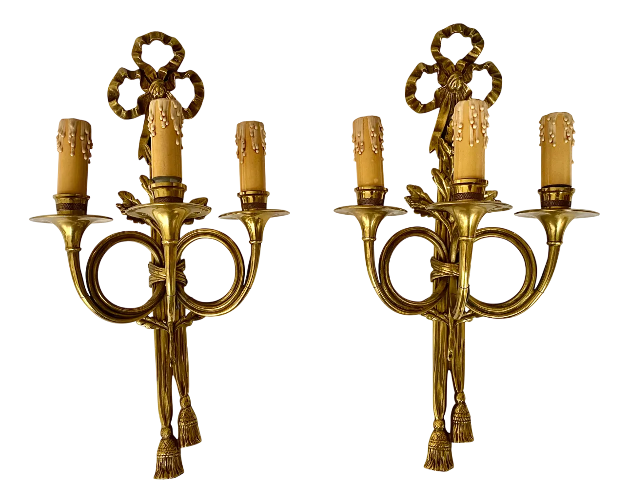 Antique French Bronze Wall Sconces in Oak, Set of 2