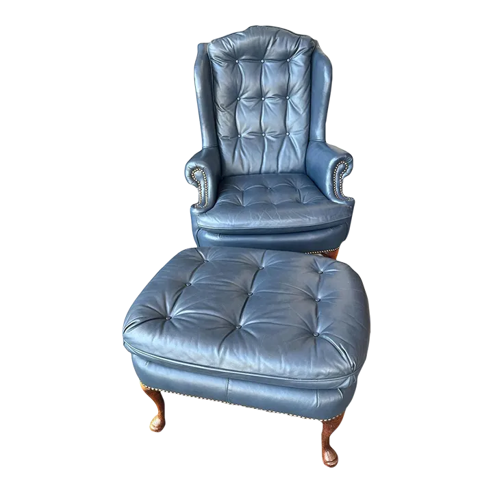 1980s Cornflower Blue Tufted Leather Chair and Ottoman Set Made in Hickory, North Carolina