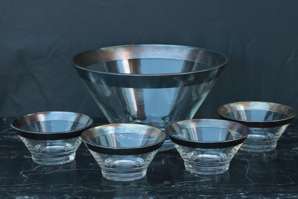 Vintage Dorothy Thorpe Style Silver Banded Salad Bowl With  Salad set Dorothy Thorpe main image 2