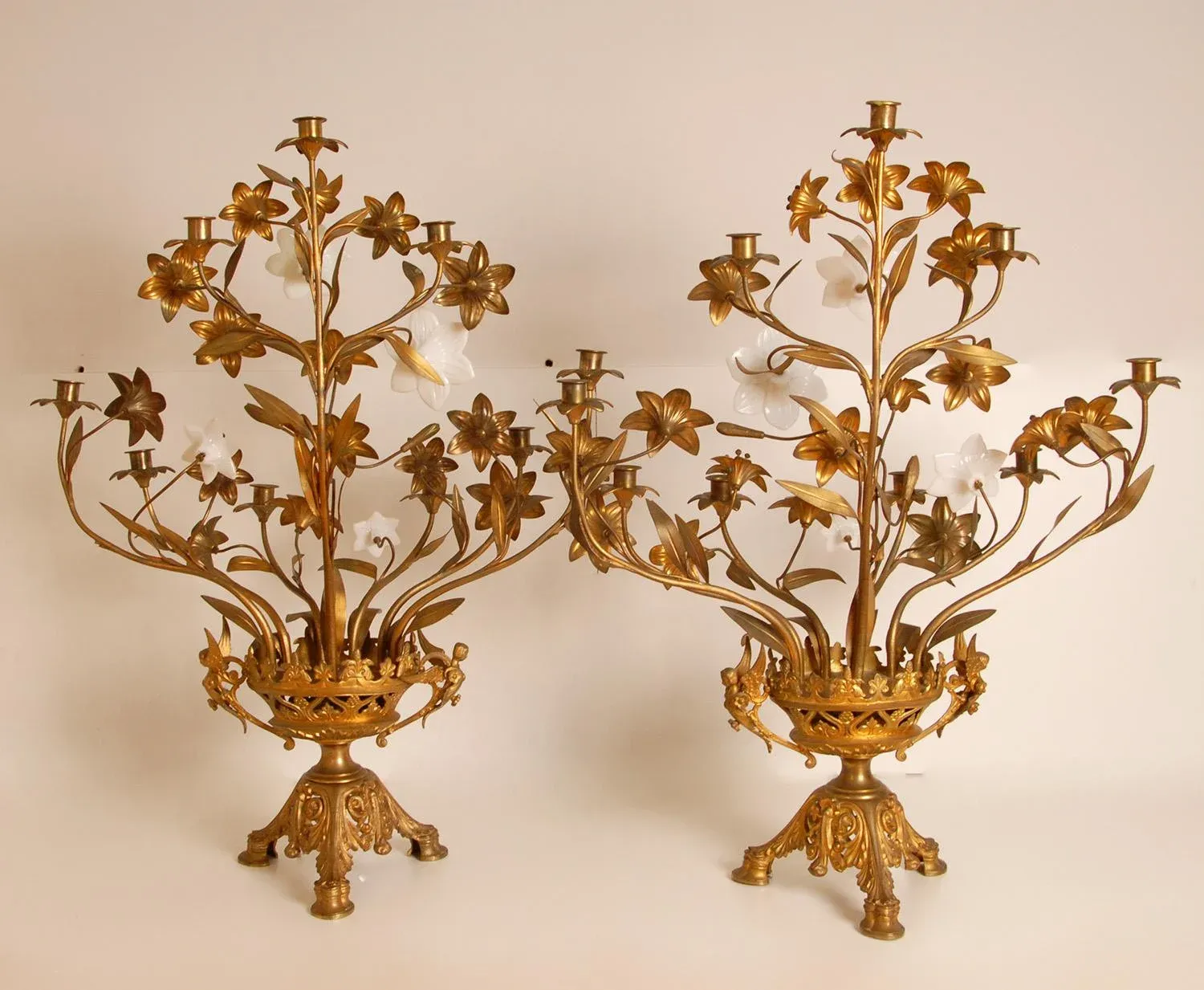French Church Candelabra in Gold Bronze and Brass White Opaline