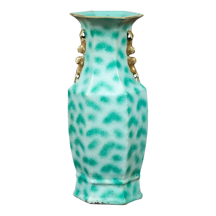 Vintage Chinese Turquoise Vase with Spotted Design and Hexagonal Neck