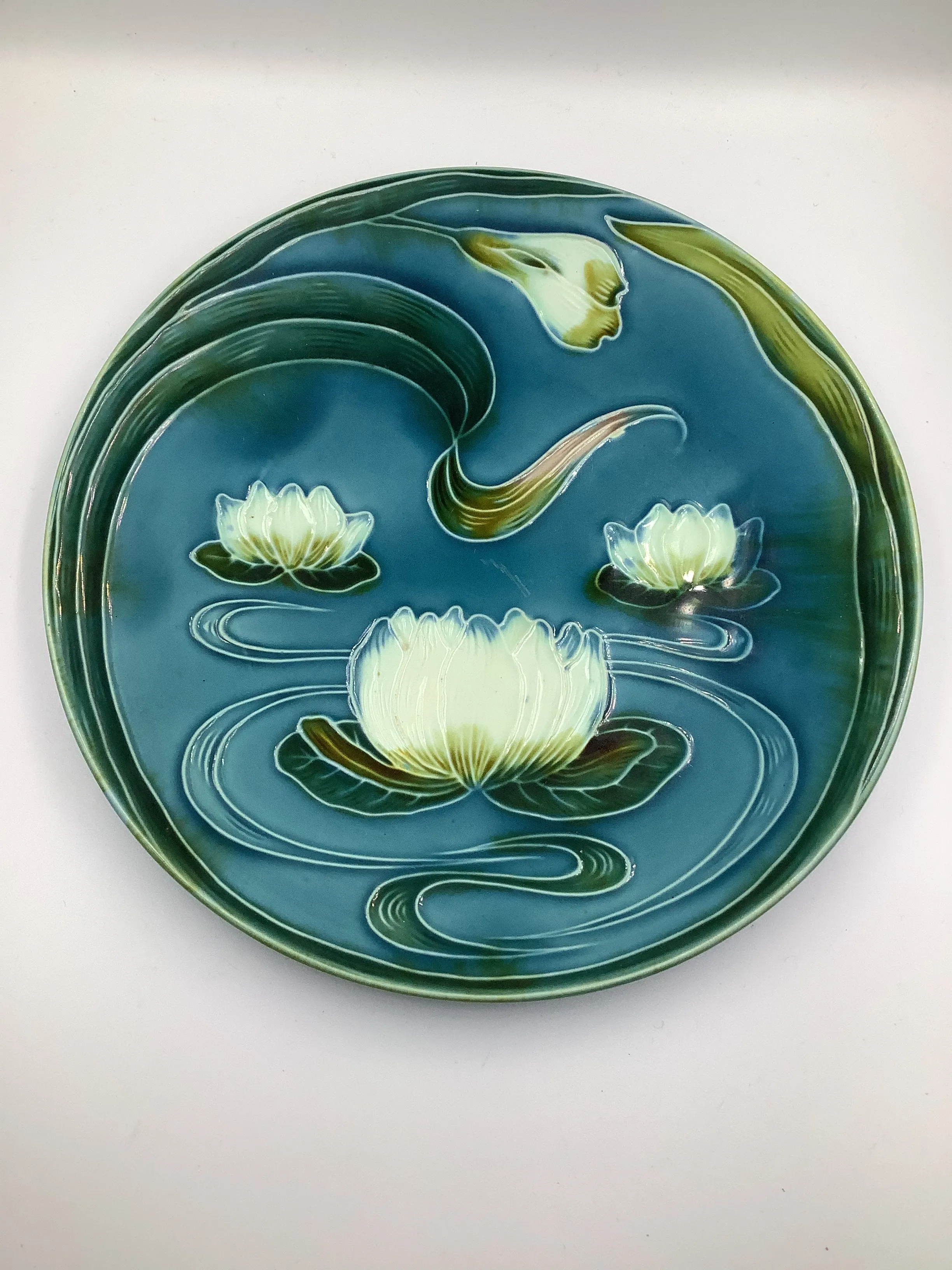 Antique Majolica Stylized Water Lily Plate G S. Zell Baden Germany