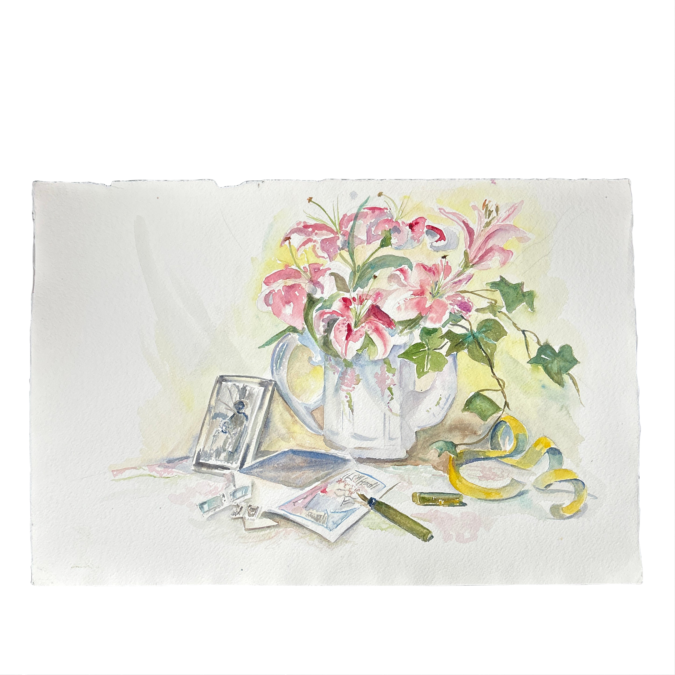 1980’s Original Impressionist Pink Lilies Still Life Watercolor Painting