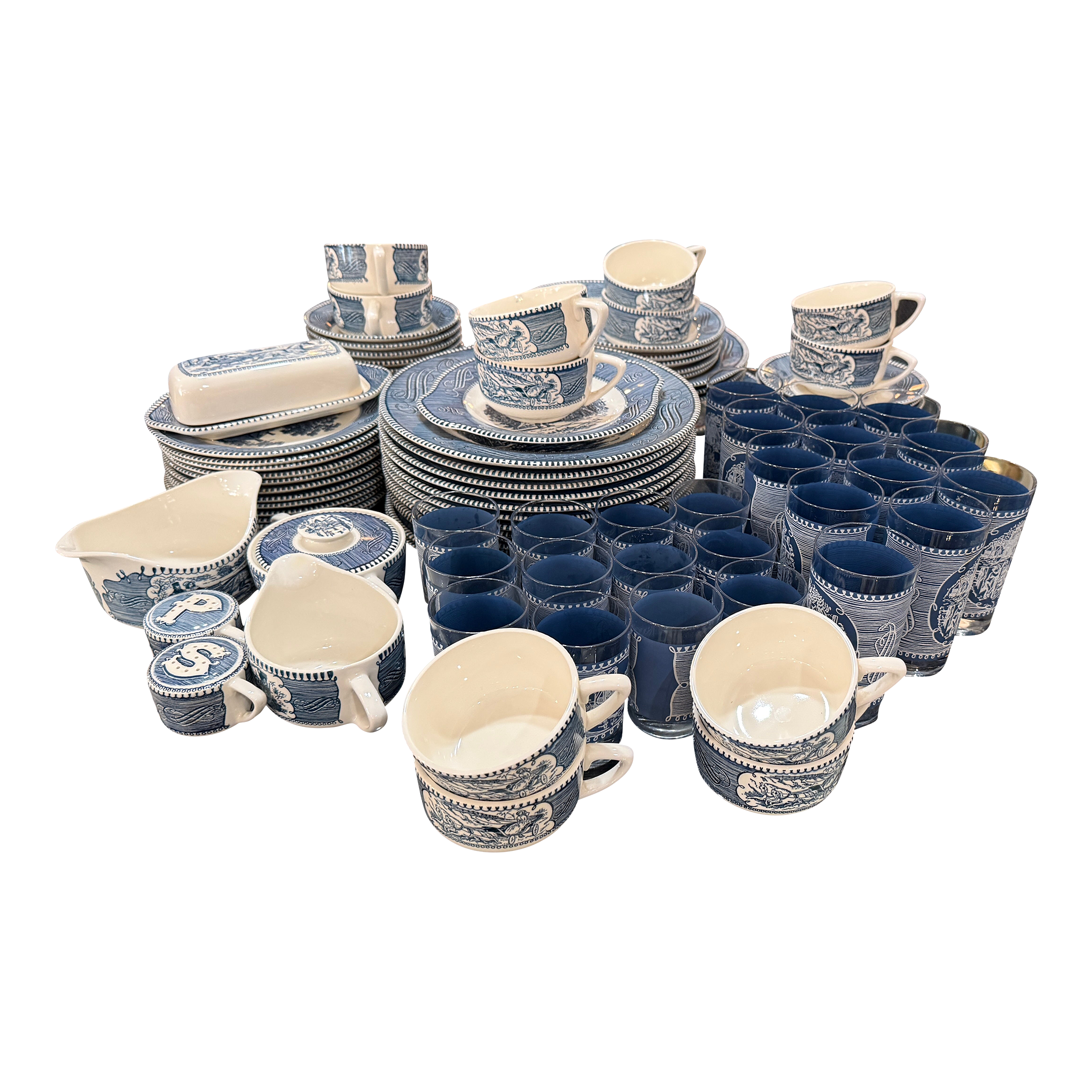 Large Collection of Currier Ives Vintage Dish Set, With Glasses