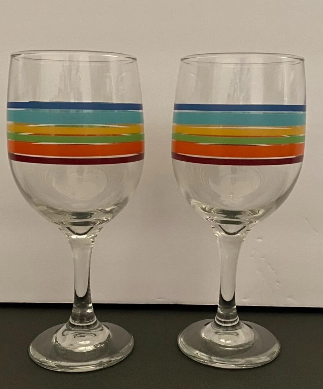1970's Set of 5 Colorful Rainbow Striped Fiesta Ware Wine - Water Goblets