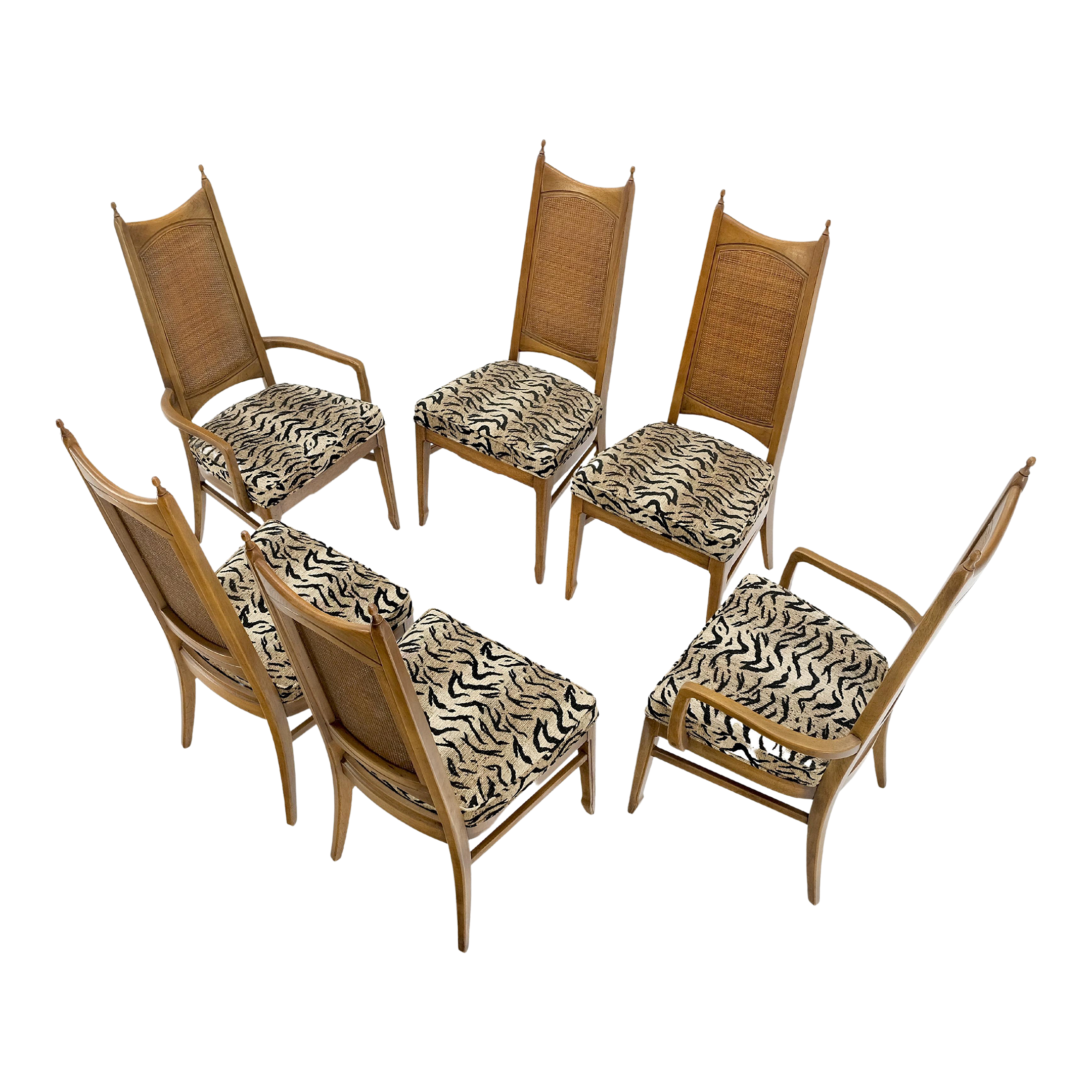 Cane Tall Back Pecan Mid Century Modern Chairs Set of 6