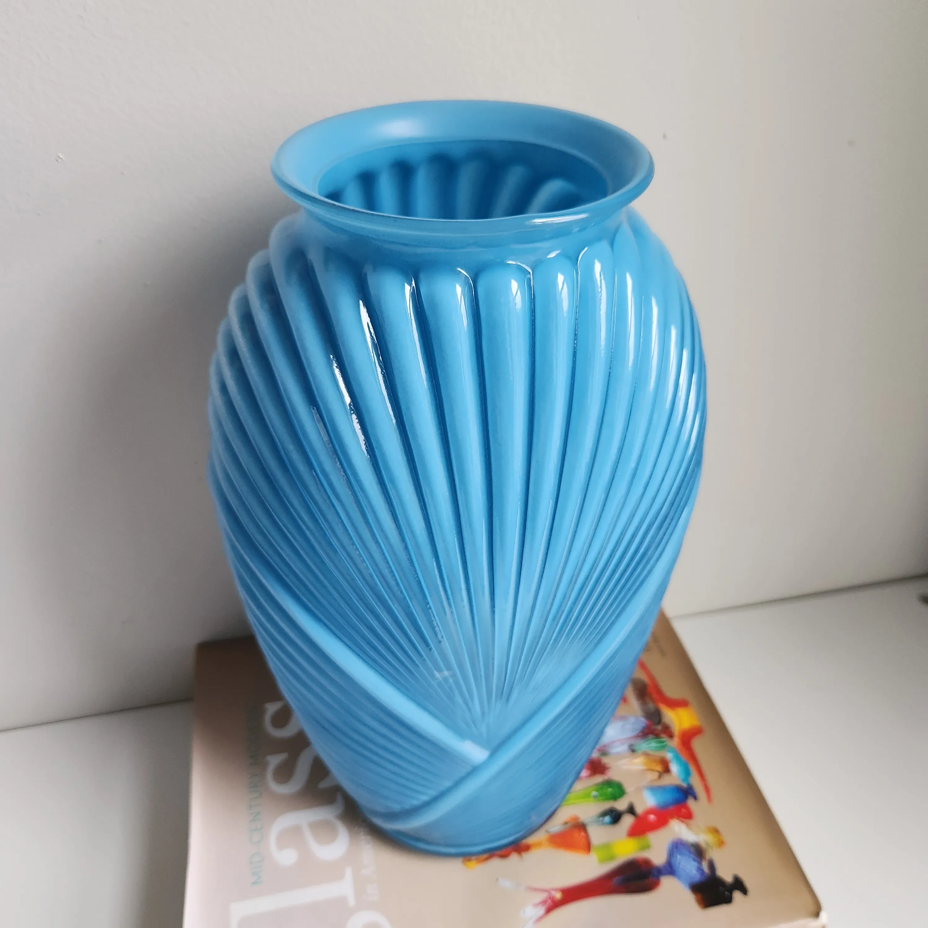 1980s Vintage Anchor Hocking Art Deco Cerulean Teal Blue Draped