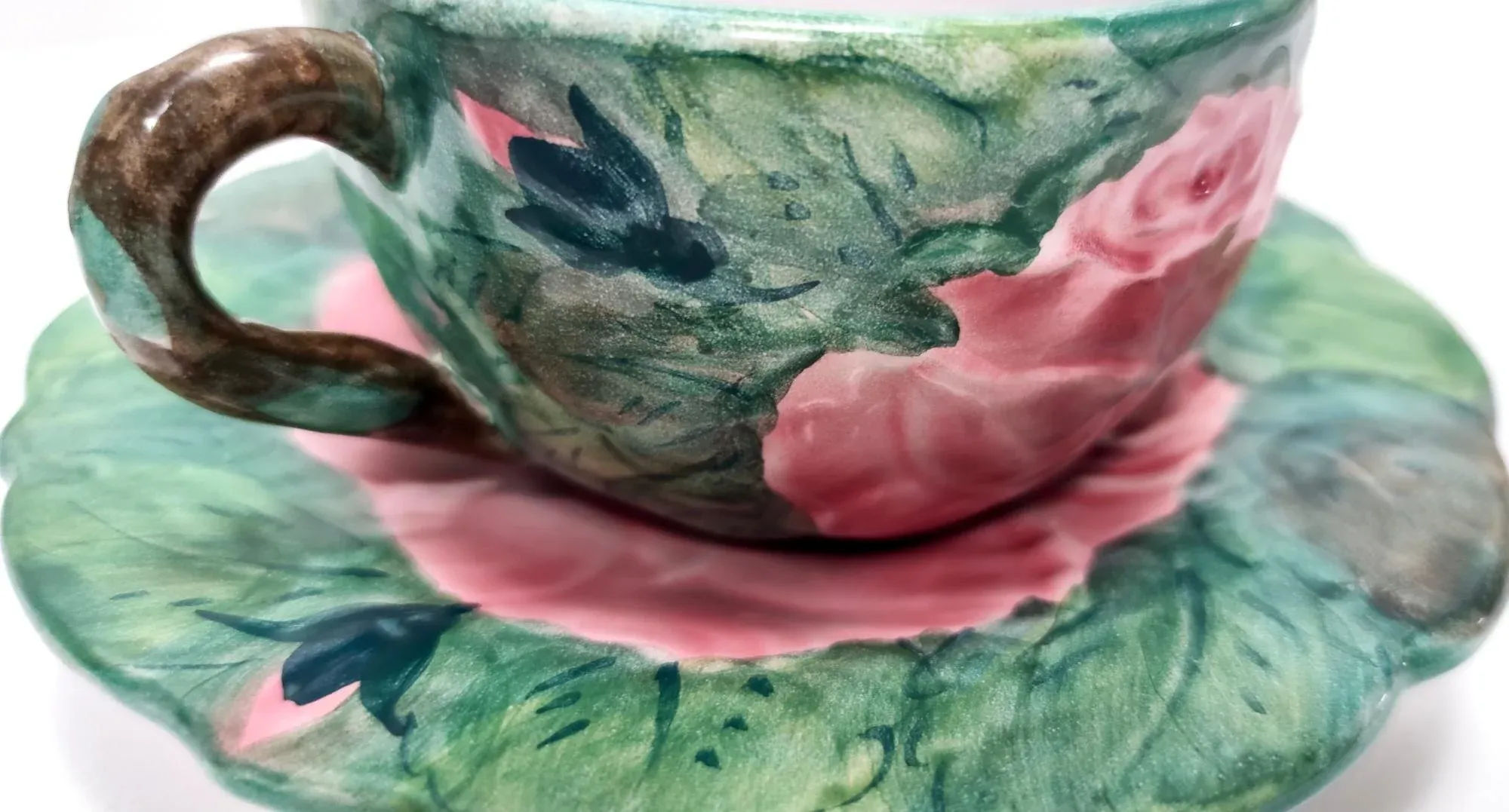 Green Earthenware Tea or Coffee Cups with Floral Motifs by Zaccagnini, 1940s,  Set of 4