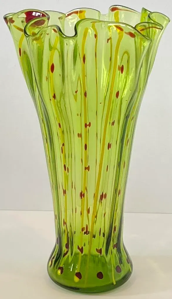 Vintage Art Glass Green Yellow Striped Vase