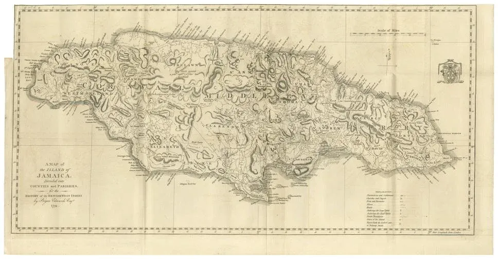 Map of Jamaica by Bryan Edwards Parishes, 1794 | Chairish