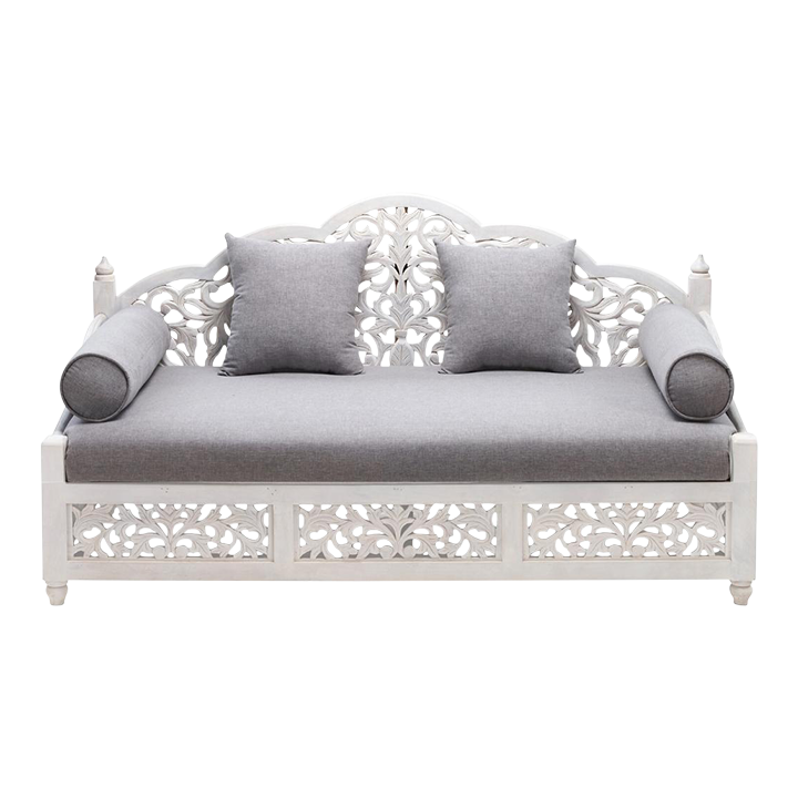 Indian Carved Solid Wood Sofa With Bench Seat and Throw Pillows | Chairish