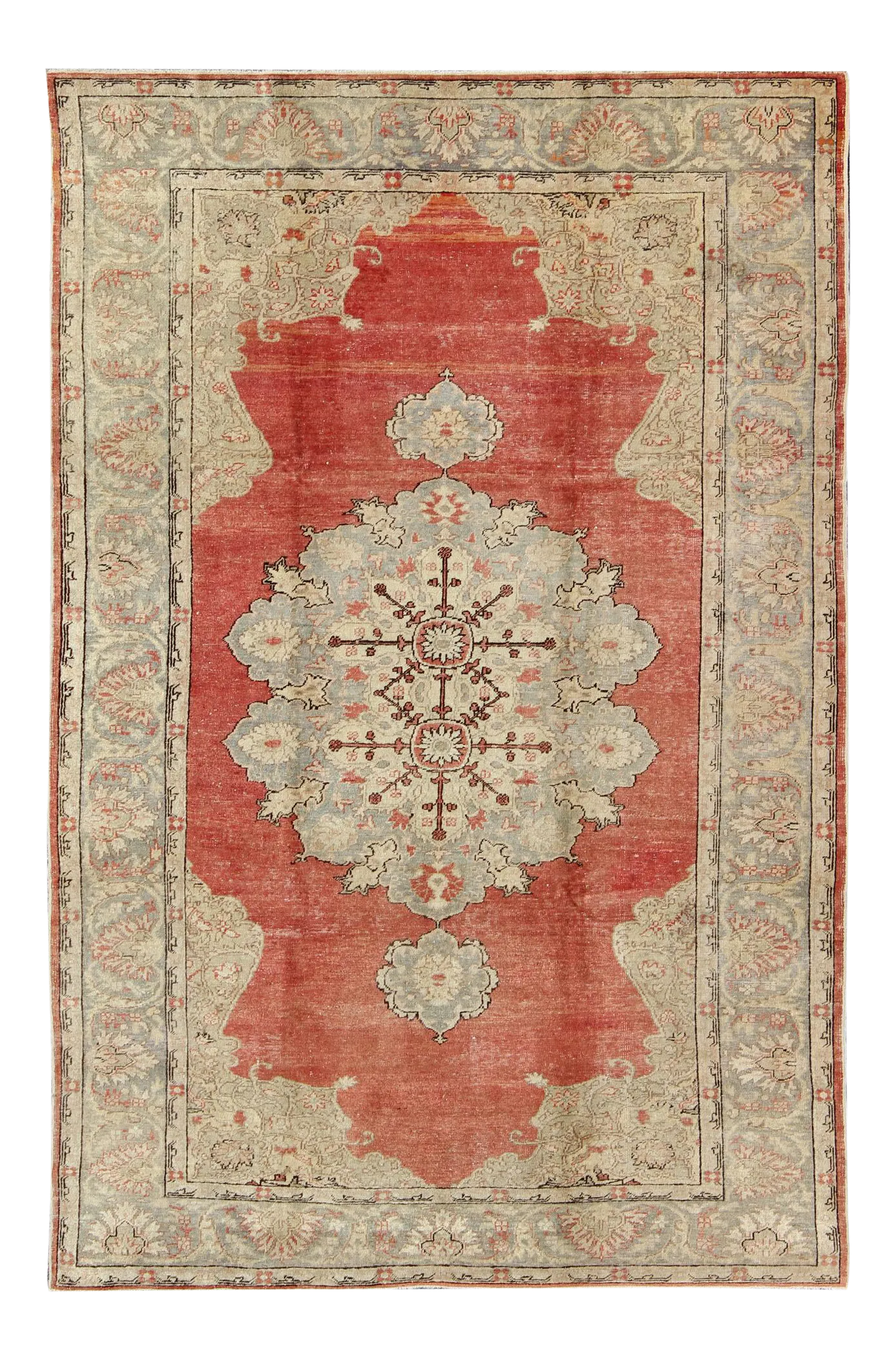 Classic Antique Sivas Rug Turkish in Medallion Design With Coral Red Field  & Light Green