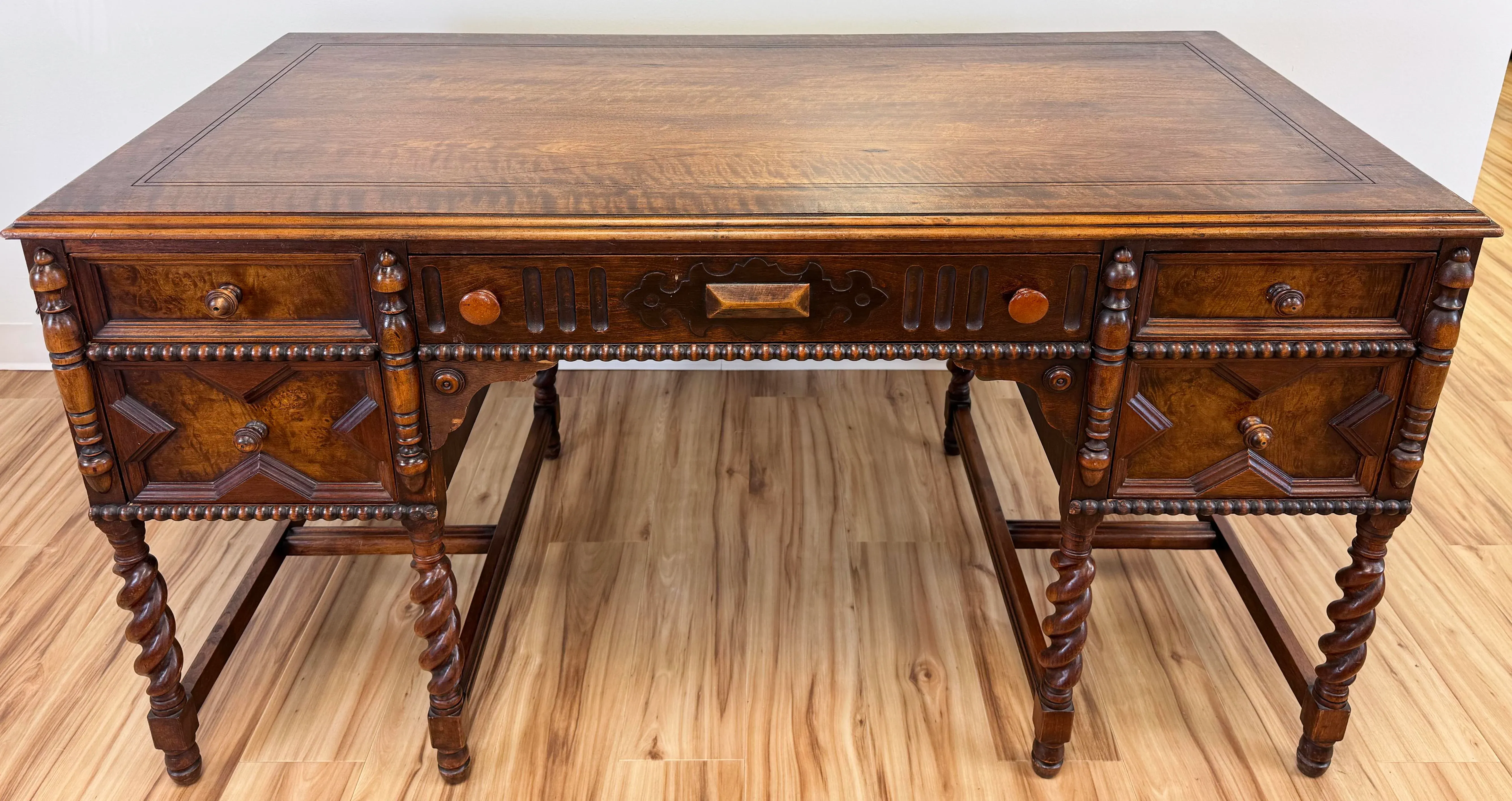 Antique Jacobean Style Barley Twist Turned Wood Desk by Johnson