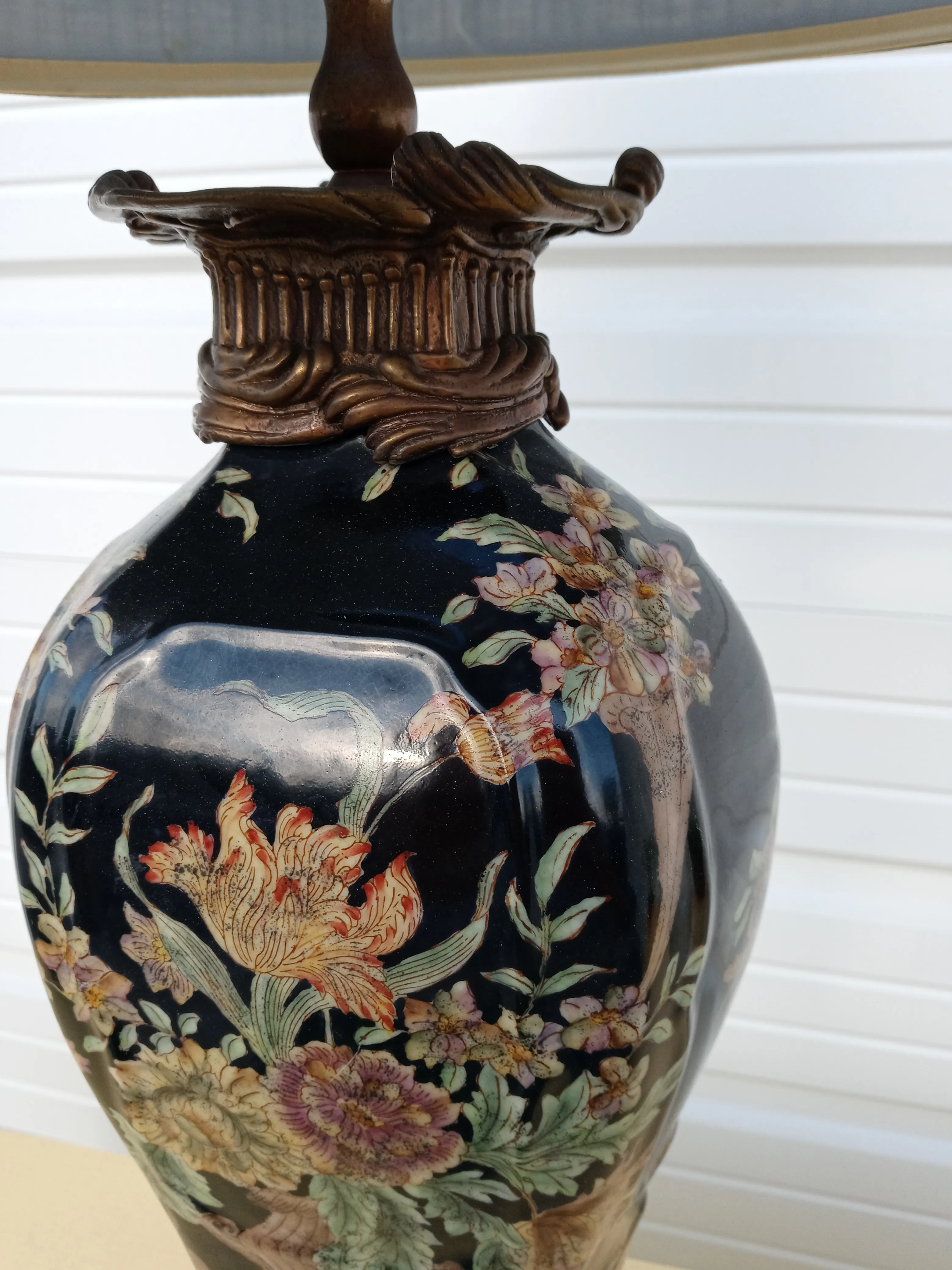 Vintage Castilian Black Floral Ceramic Brass Tall Chinoiserie