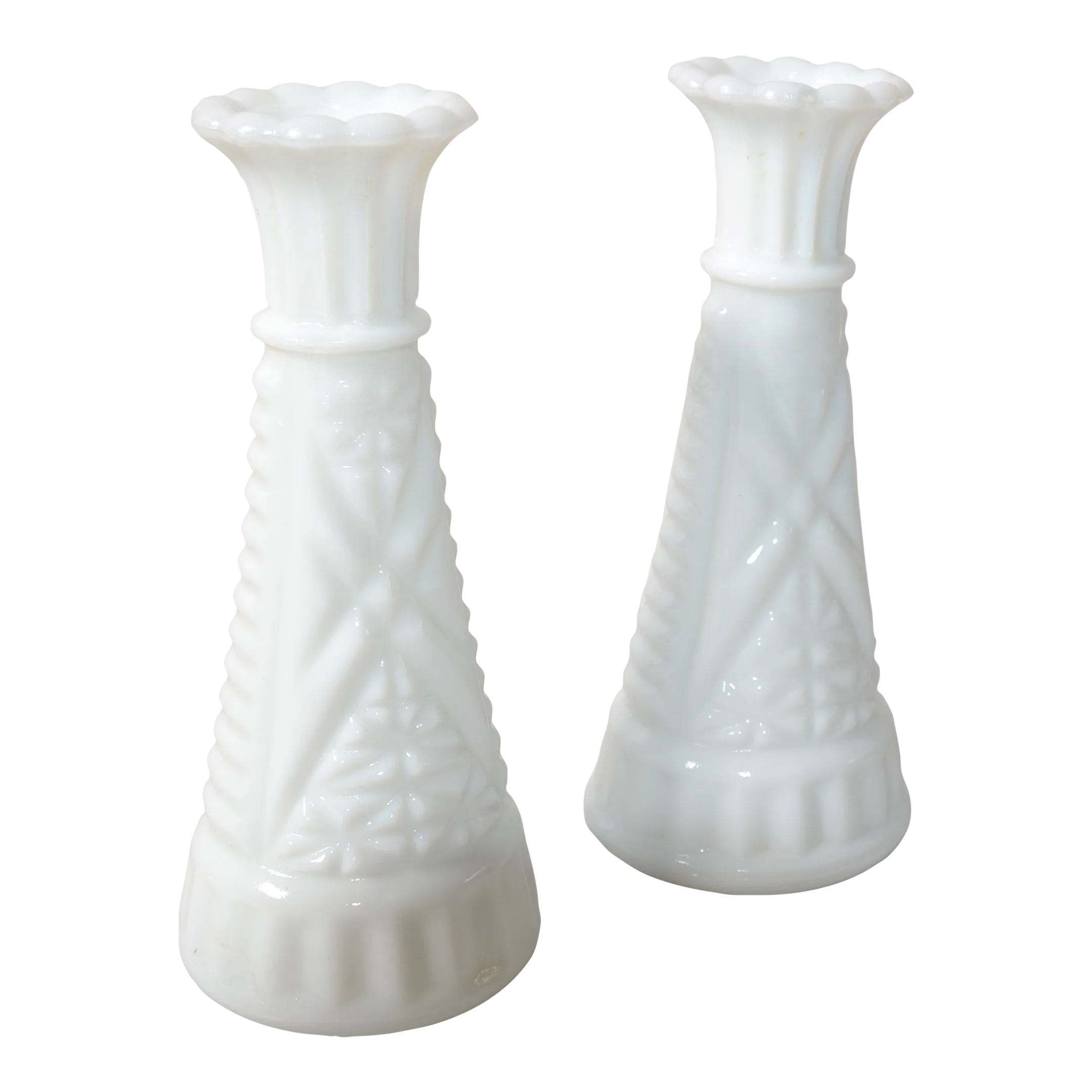 Pair MidCentury Modern Fenton Style White Milk Glass Bud Vase Candle