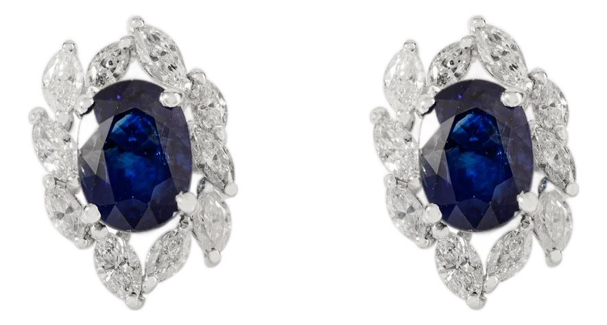 14k White Gold Radiant Oval Cut Blue Sapphire Modern Stud Earrings- A Pair