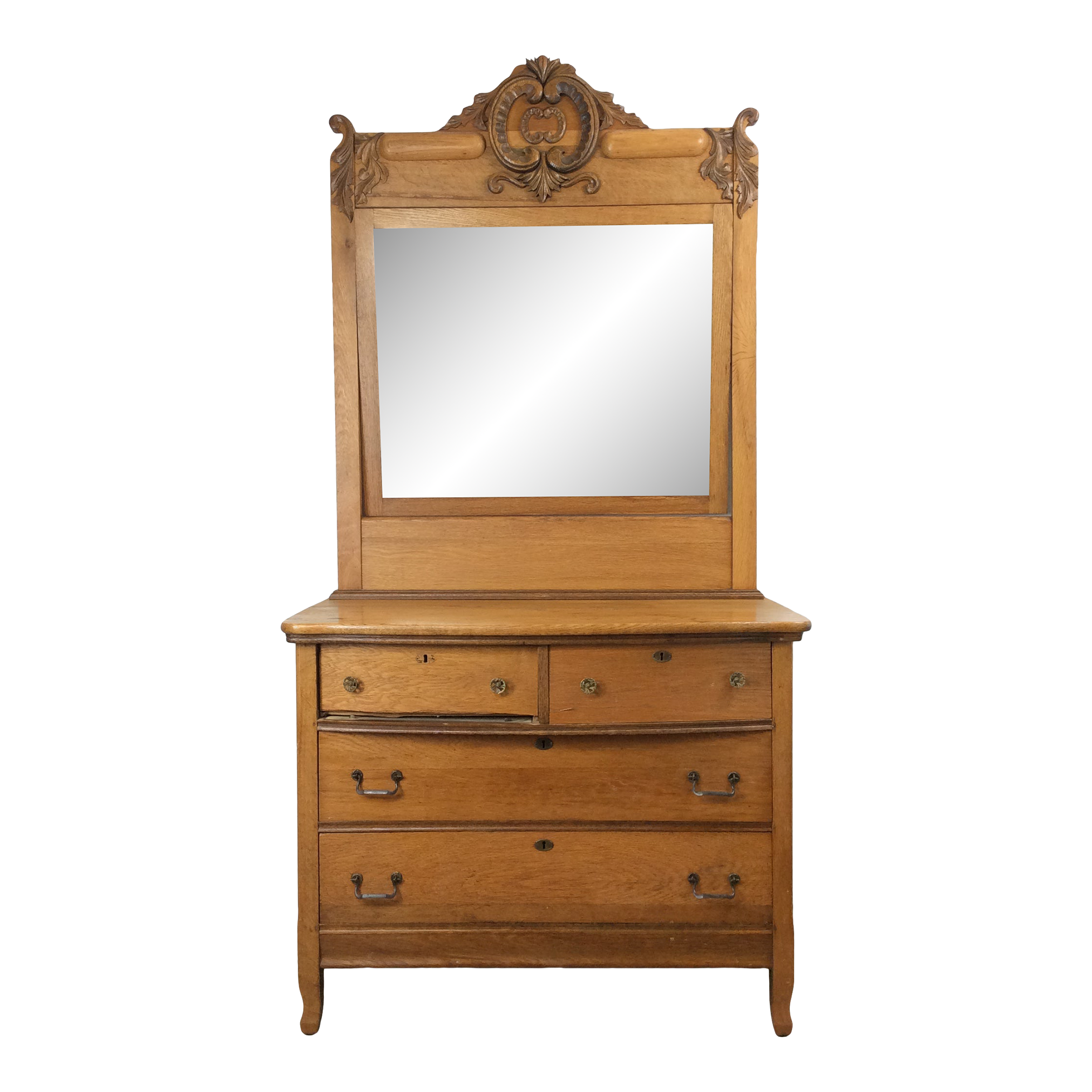 Antique Five Drawer Oak Dresser With Large Mounted Mirror