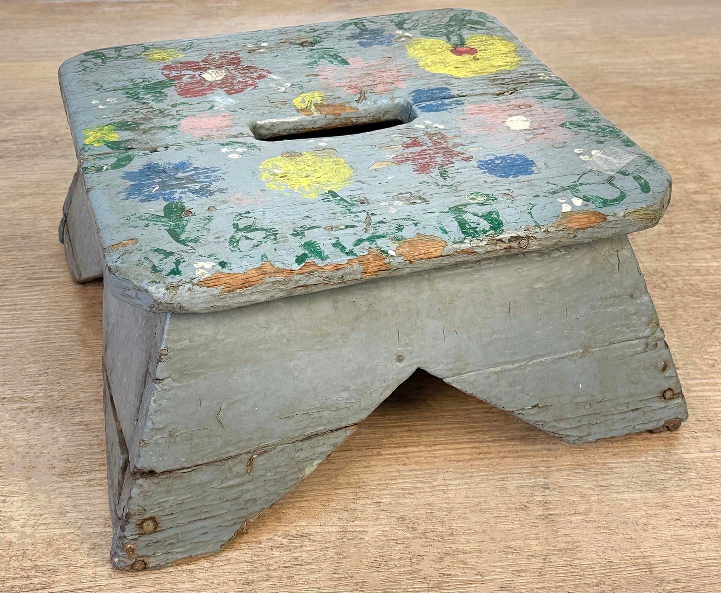 Antique Primitive Farmhouse Gray Floral Footstool