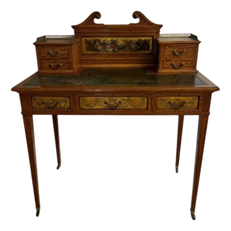 Antique Edwardian Freestanding Decorated Inlaid Satinwood Desk, 1900