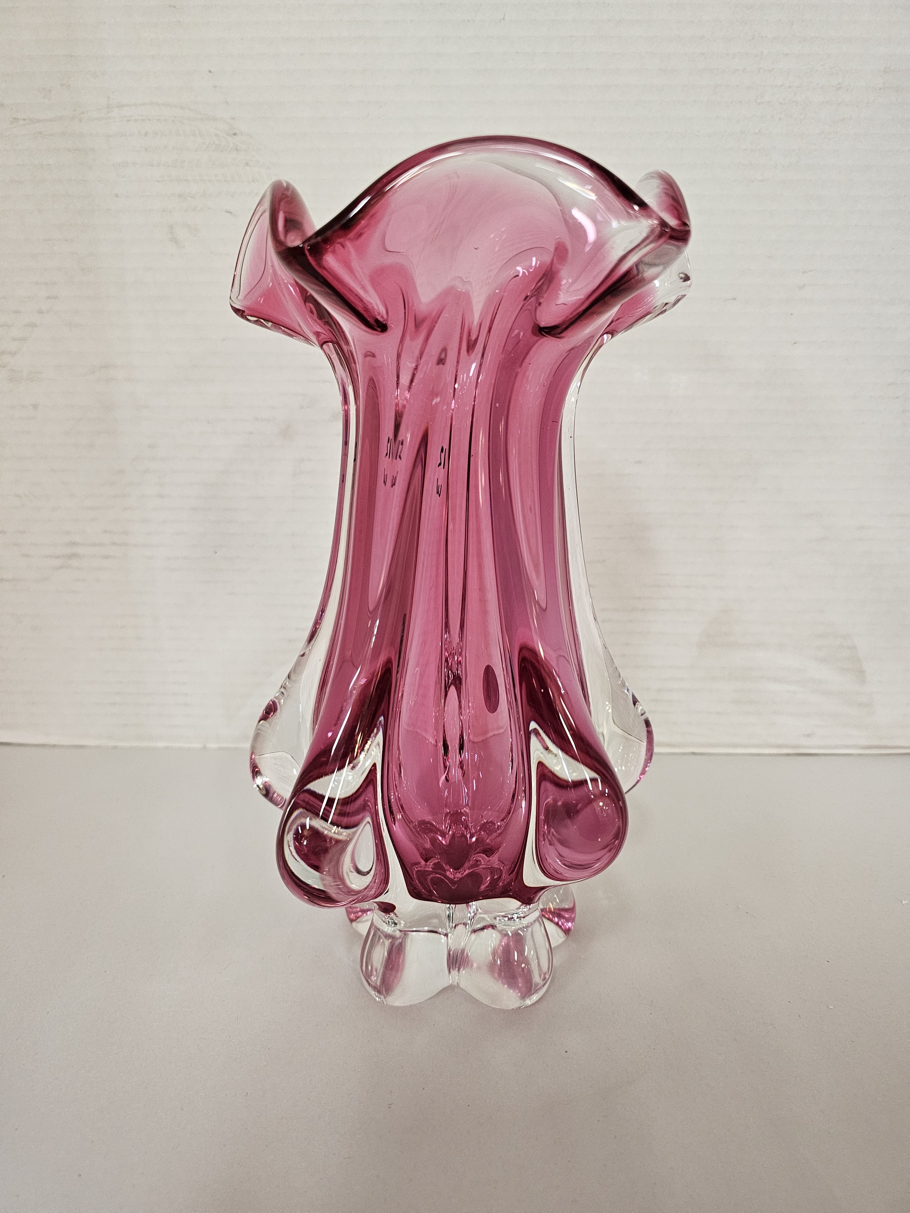 Vintage Mid Century Modern Pink and Clear Art Glass Vase by