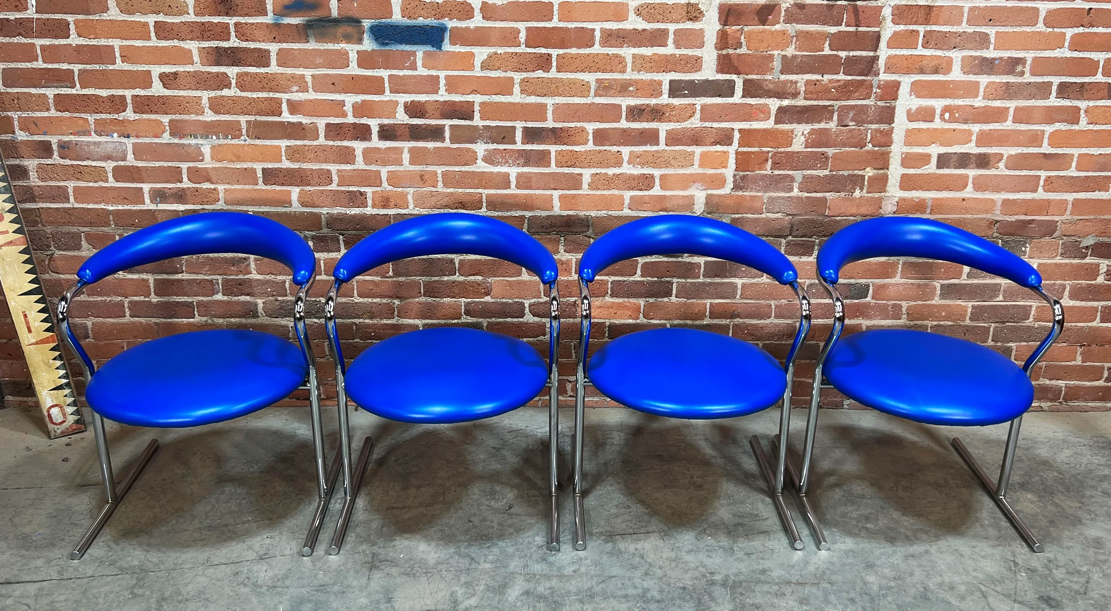 Mid Century Modern Blue Vinyl & Chrome Dining Chairs by Anton