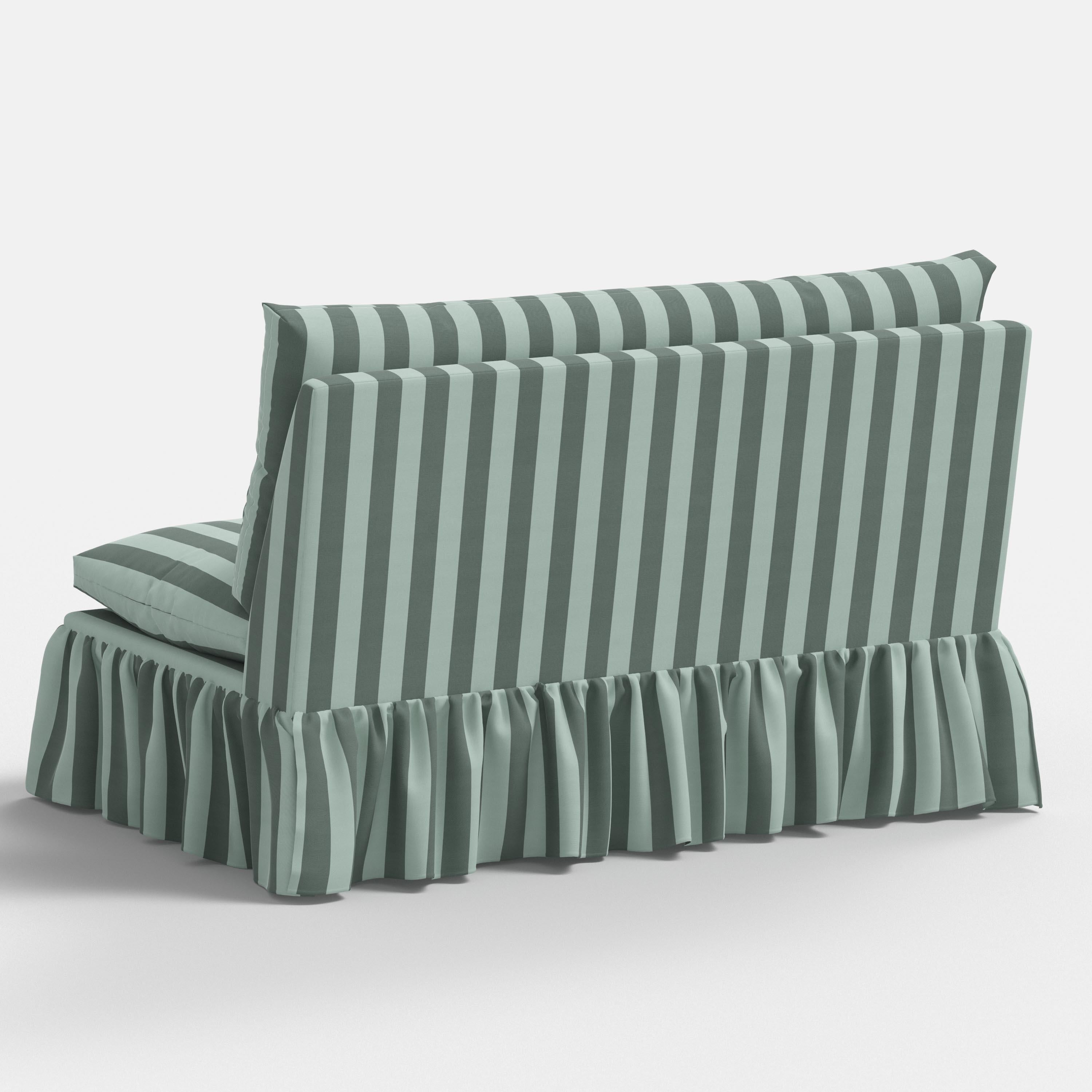 Spritely Home Capra Ruffle Settee in Canopy Stripe Tonal Teal