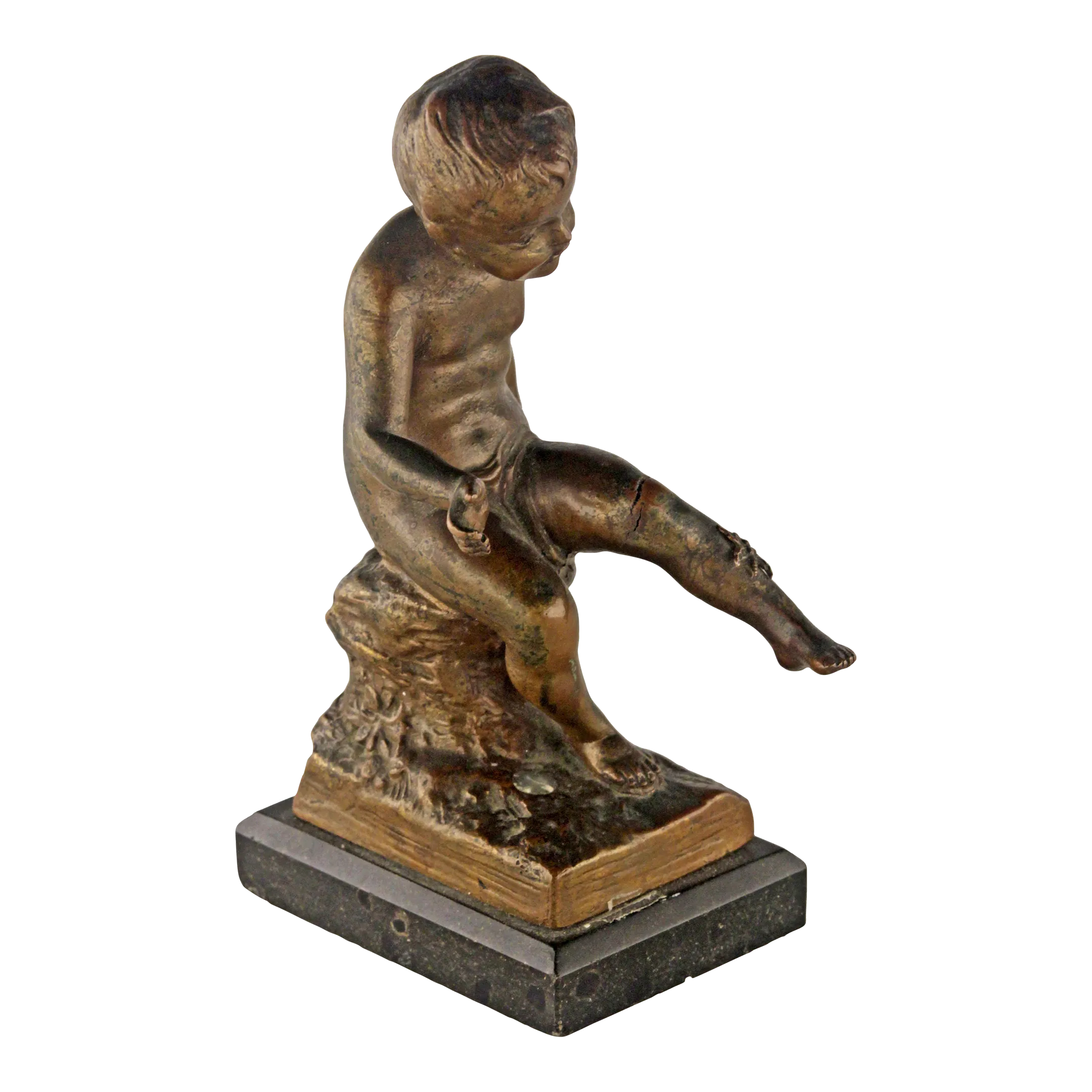 Early 20th Century French Bronze Sculpture With Marble Base of a Sitting Boy