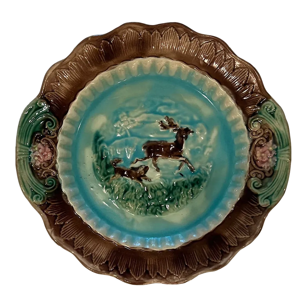 Late 20th Century Majolica Jumping Deer and Dog Plate Chairish