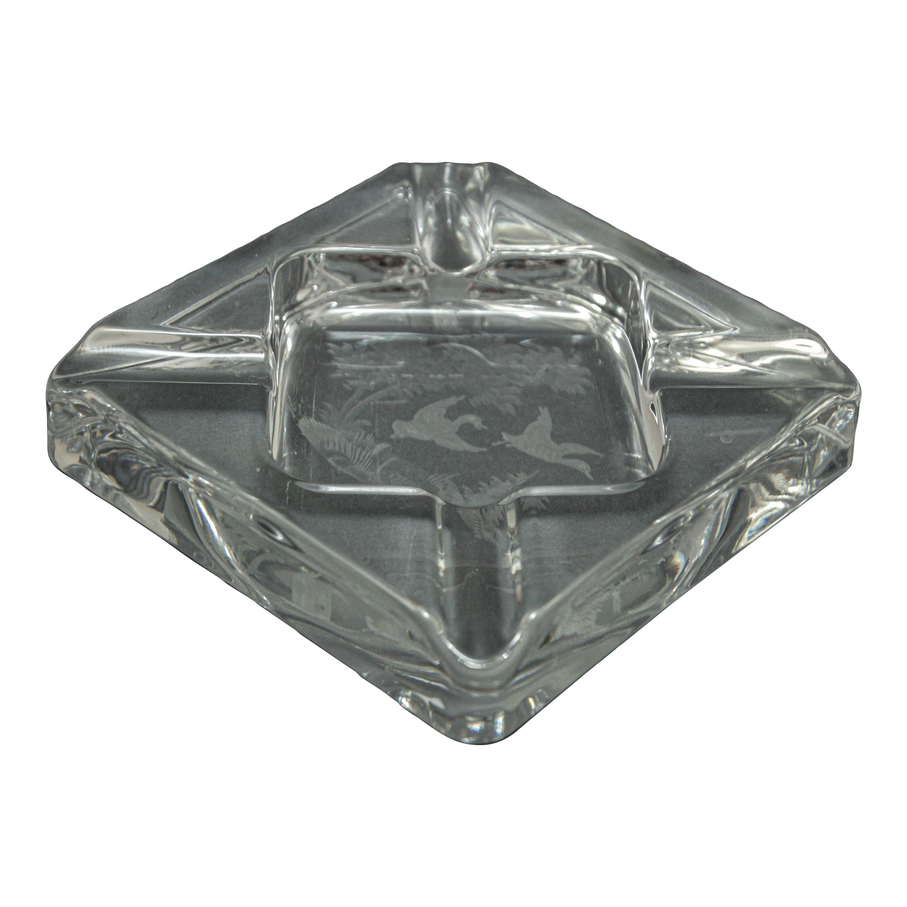 Queen Lace Crystal Glass Ashtray Dish Catchall Etched With Flying Geese 1970, image size:1838x1838